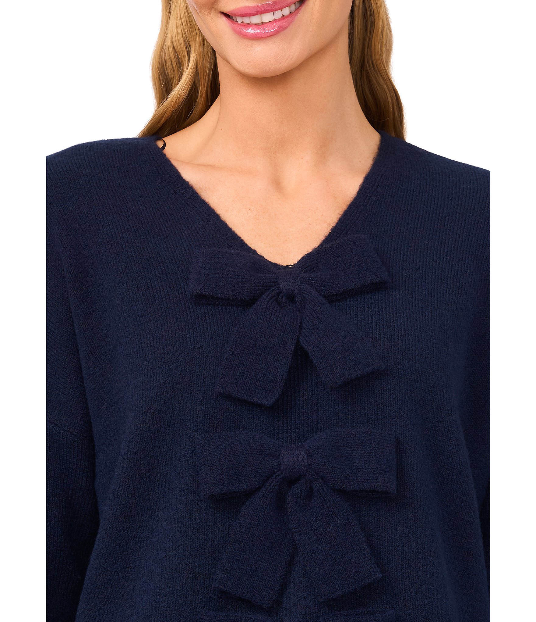 CeCe Long Sleeve V-Neck Bow Front Pullover Sweater