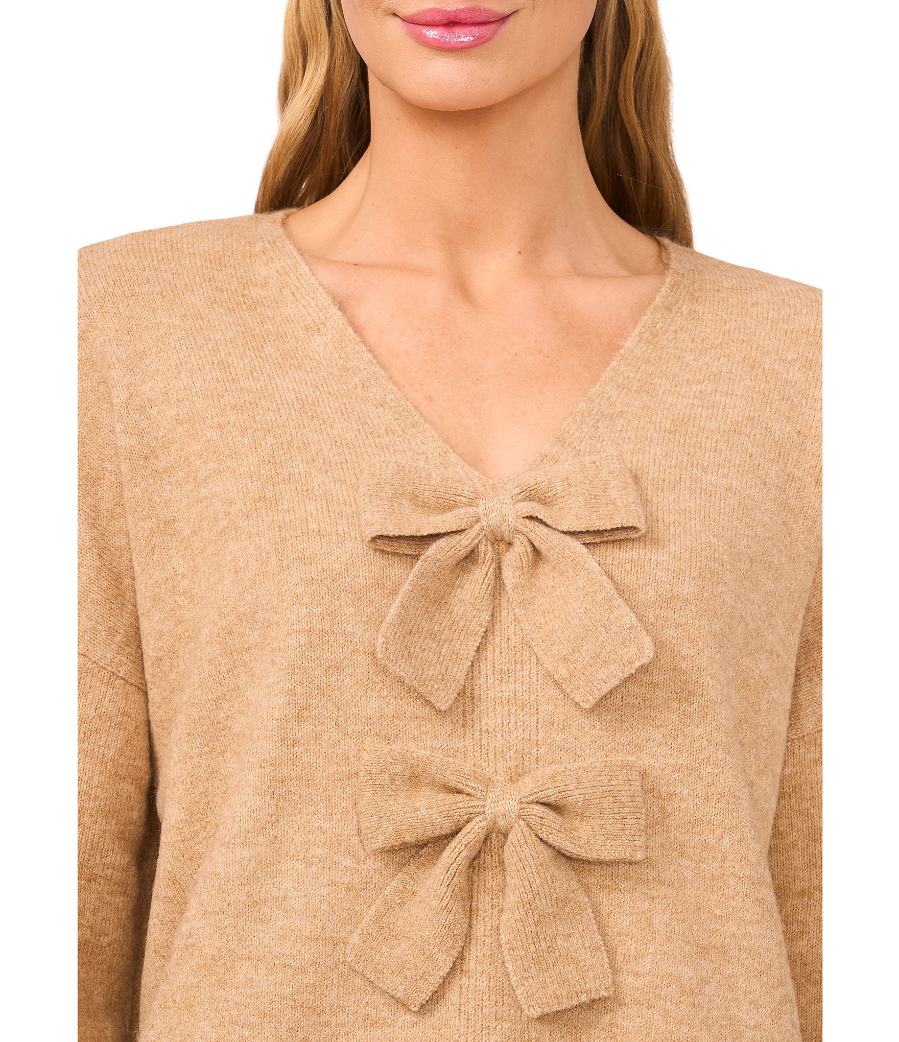 CeCe Long Sleeve V-Neck Bow Front Pullover Sweater