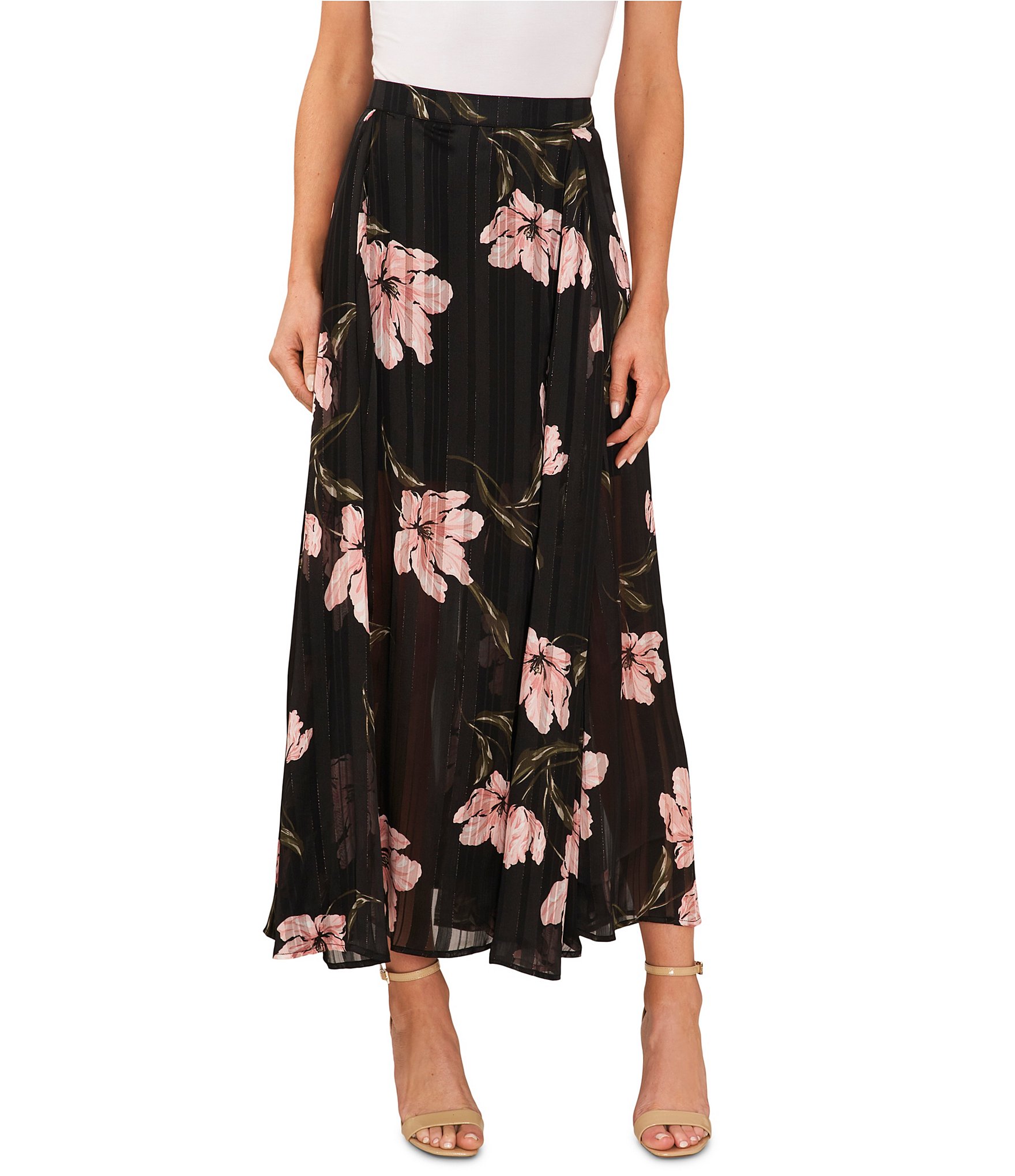 CeCe Lurex Striped Chiffon Floral Print Pleated A-Line Maxi Skirt ...