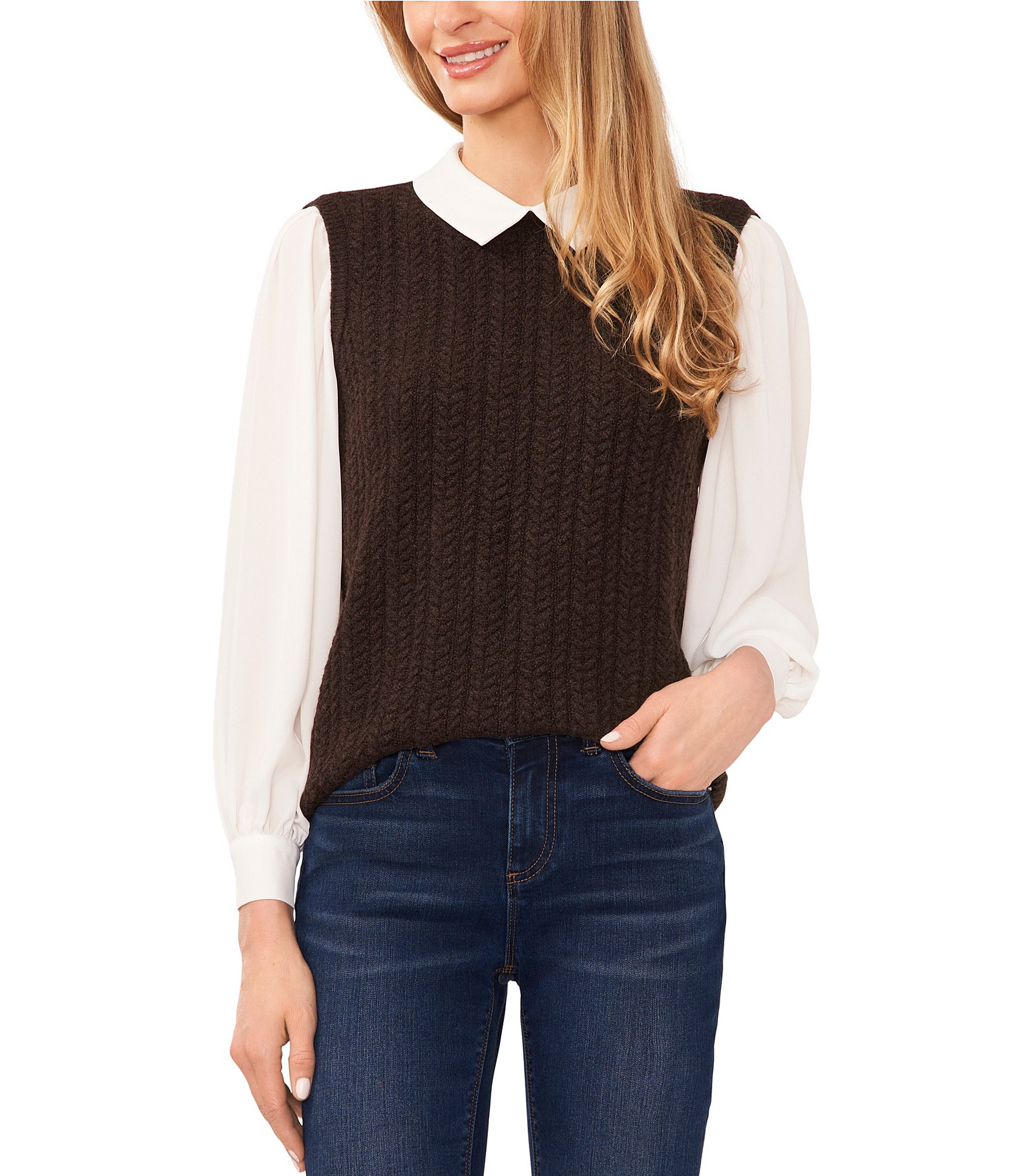 CeCe Mixed Media Long Sleeve Point Collar Cable Knit Sweater Vest Top