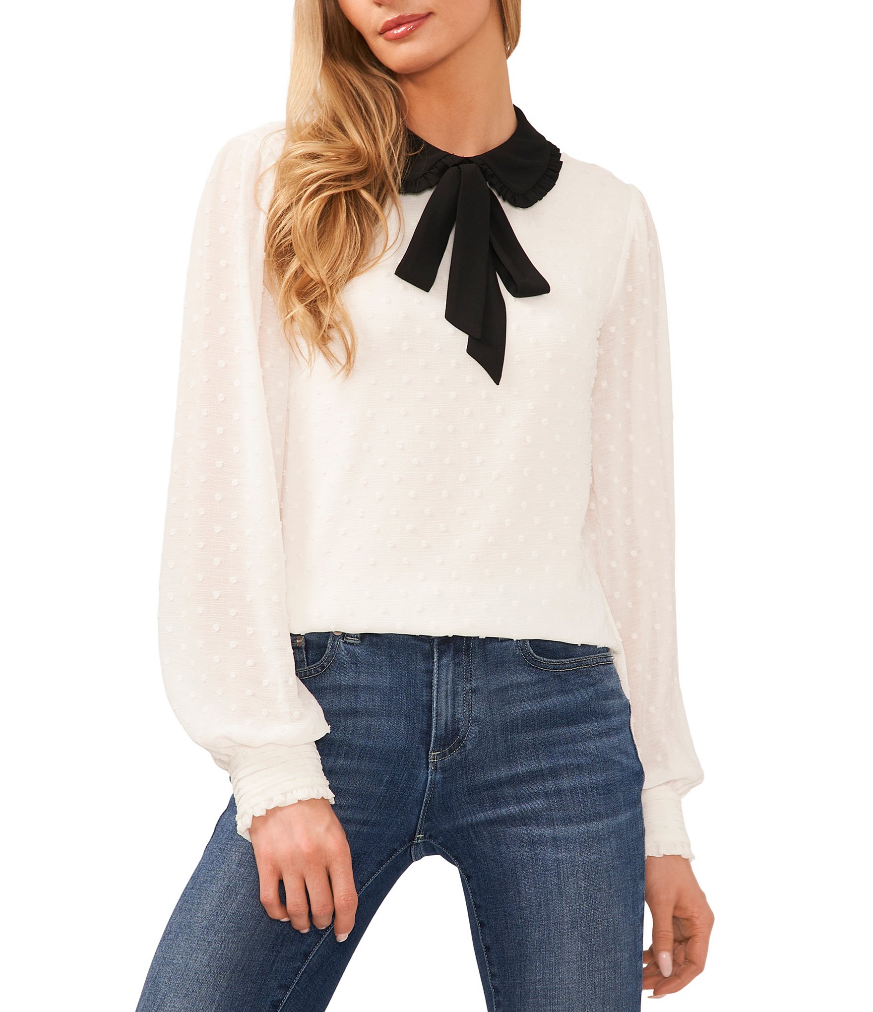 CeCe Peter Pan Collar Bow Tie Neck Long Sleeve Woven Clip Dot