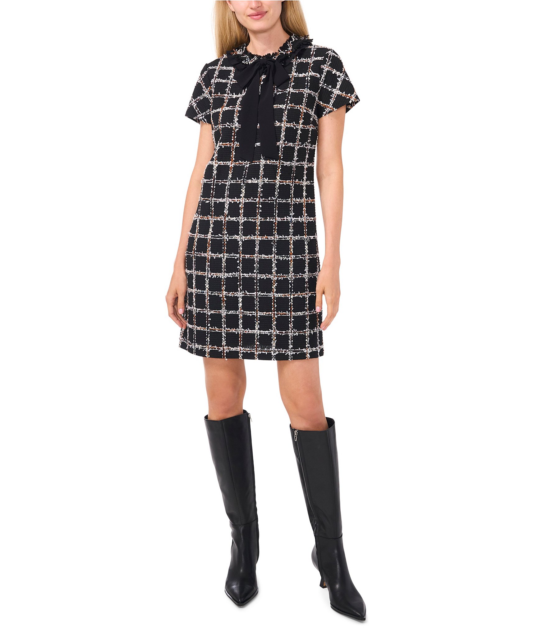 CeCe Plaid Gauze Tweed Ruffle Platter Tie Collar Short Sleeve Above the ...