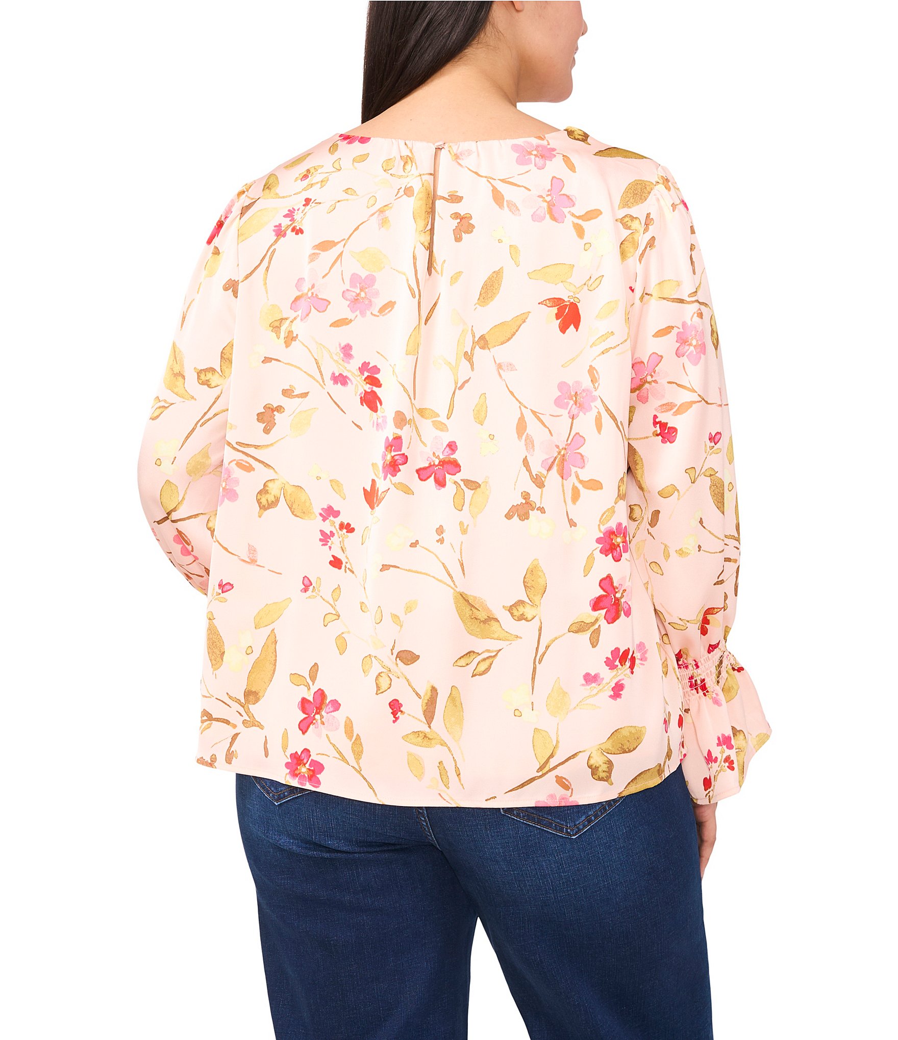 CeCe Plus Size Charmeuse Floral Print Crew Neck Smocked Cuff Long Sleeve Blouse