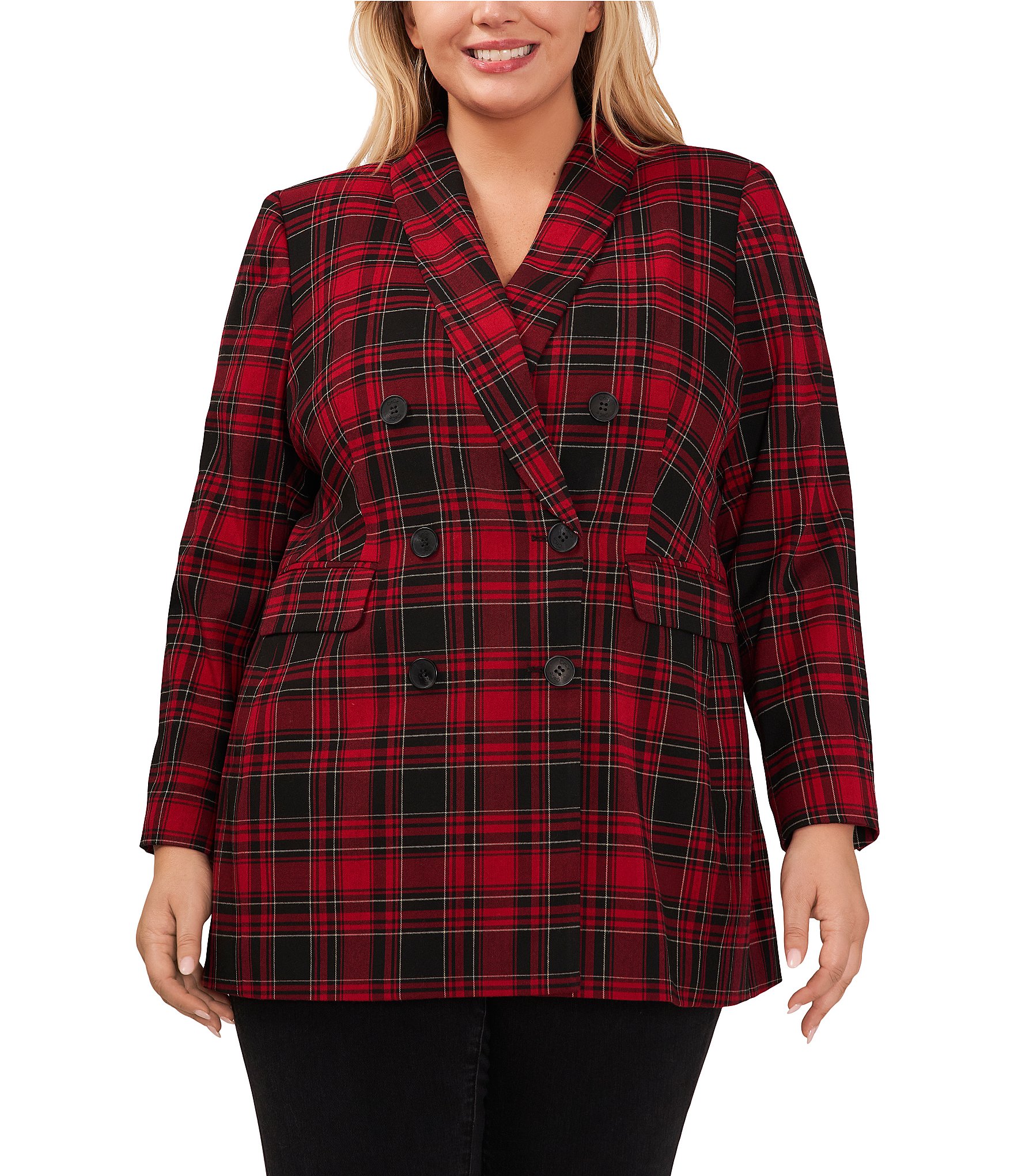 CeCe Plus Size Checkered Plaid Print Double Breasted Long Sleeve Shawl ...