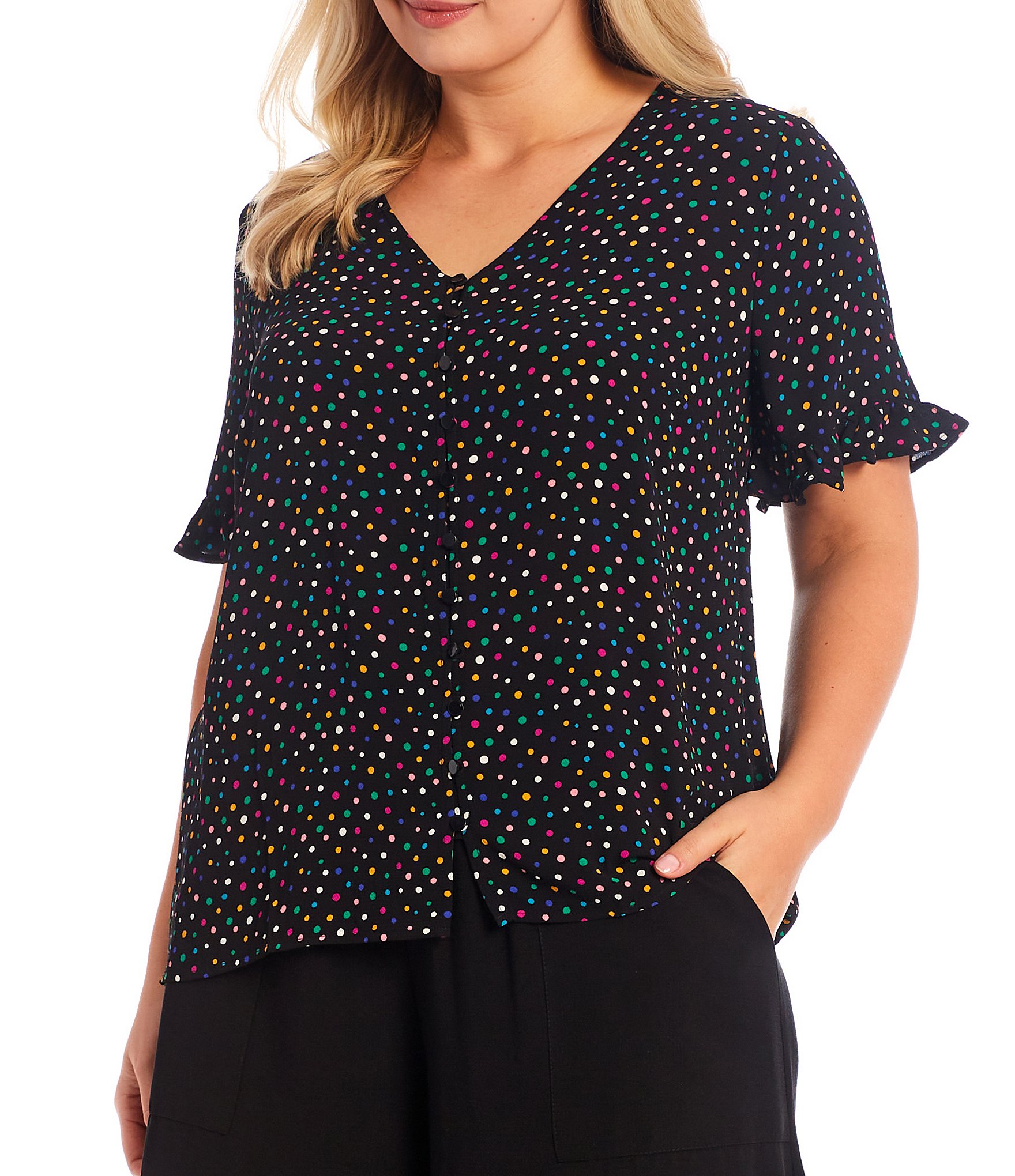 CeCe V-Neck Short Sleeve Button Front Polka Dot Blouse