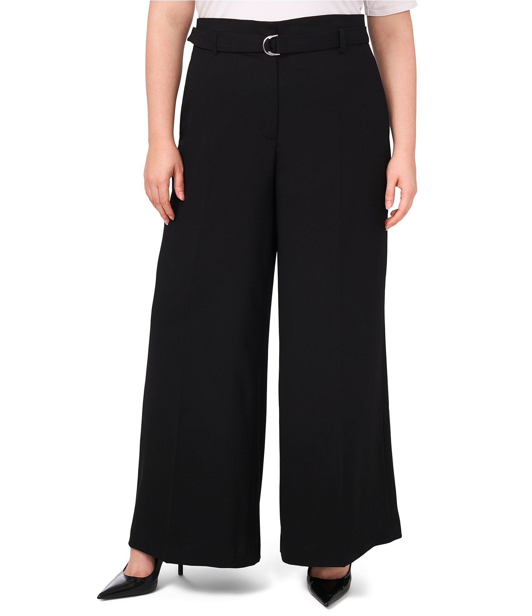 CeCe Plus Size Crepe D-Ring Self Belt Wide Leg Pant