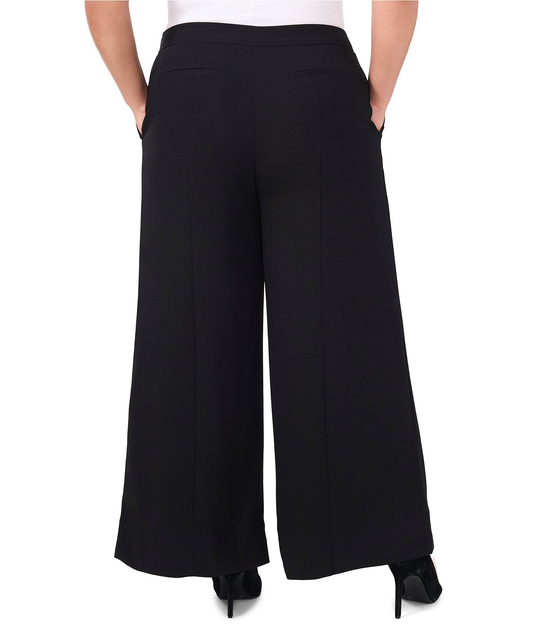 CeCe Plus Size Crepe High Rise Single Pleat Flat Front Full Length Wide Pants