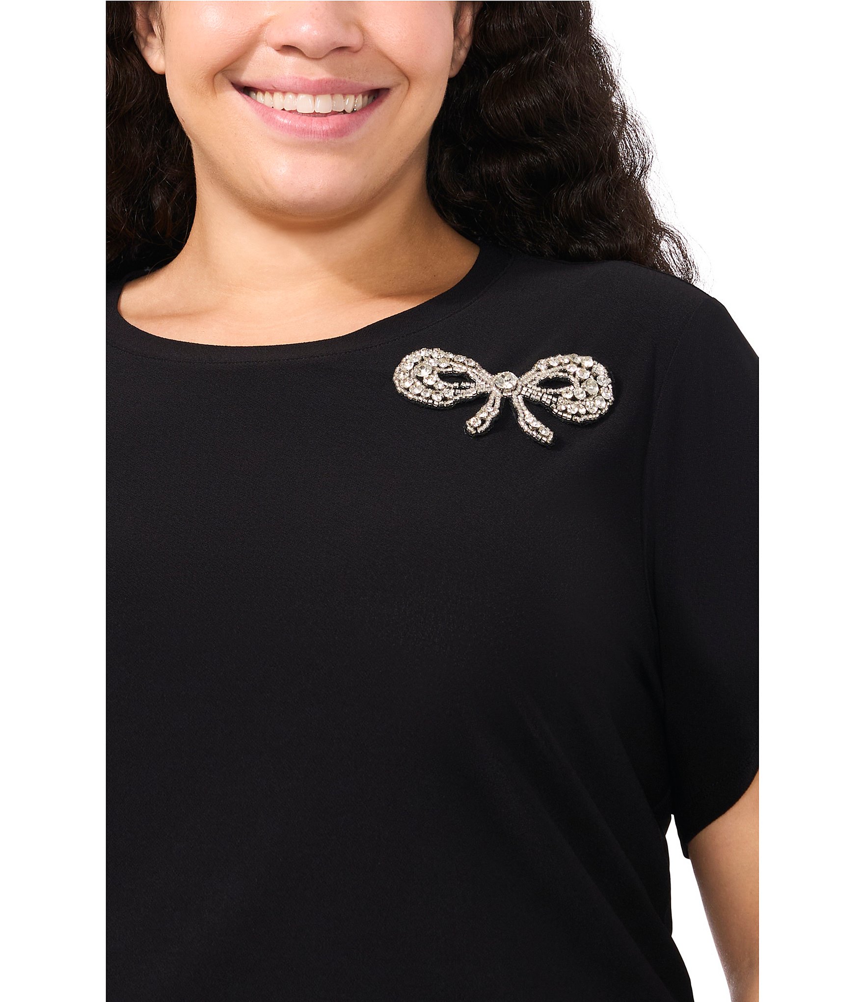 CeCe Plus Size Crepe Knit Crew Neck Short Sleeve Embellished Bow Top