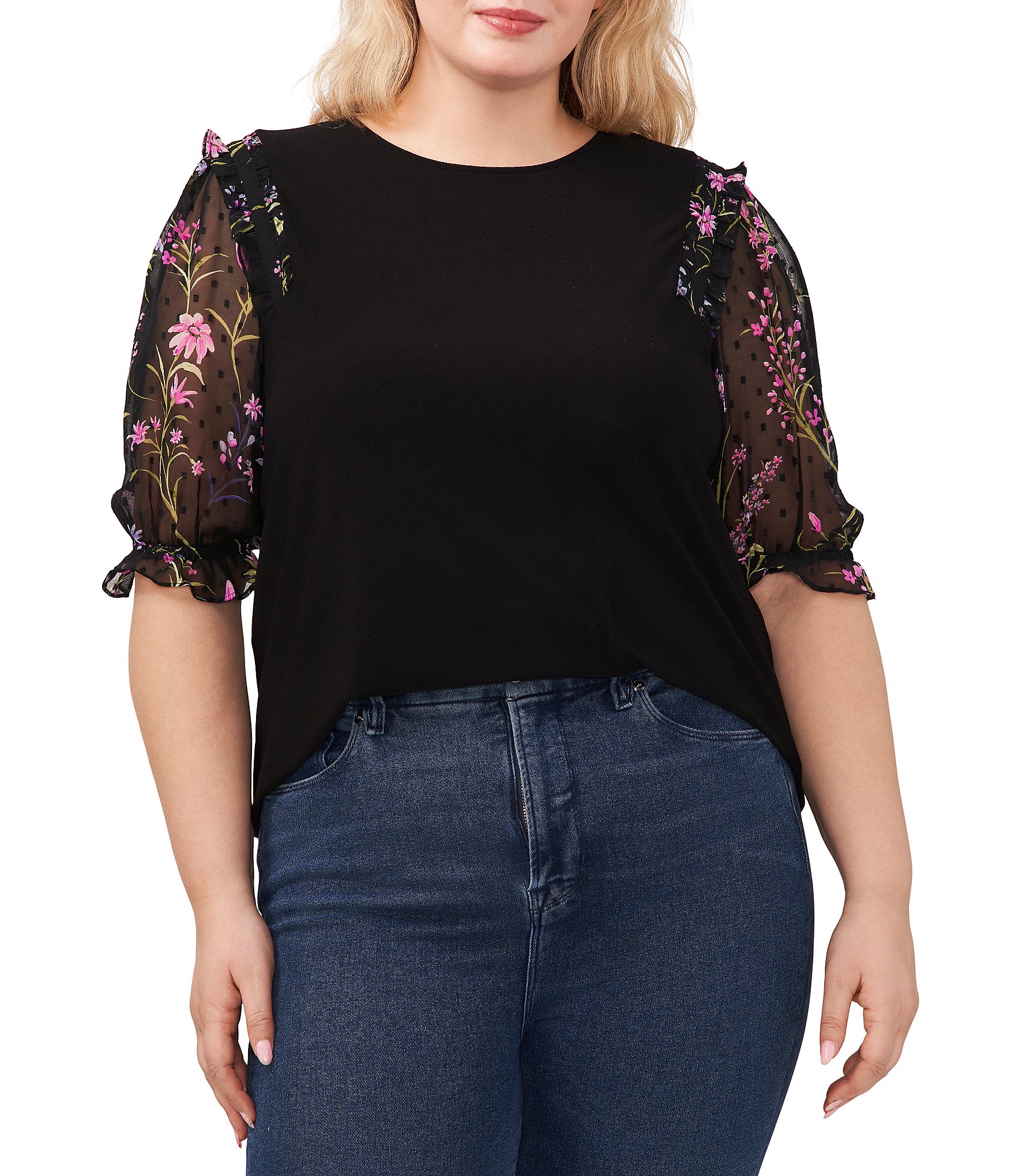 CeCe Plus Size Floral Print 3/4 Mesh Clip Dot Illusion Sleeve Crew Neck ...