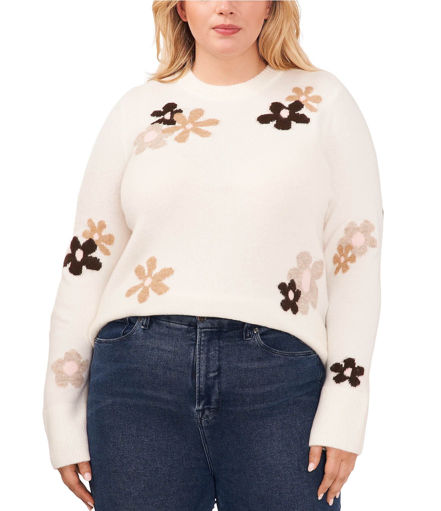 CeCe Plus Size Floral Intarsia Long Sleeve Crew Neck Sweater