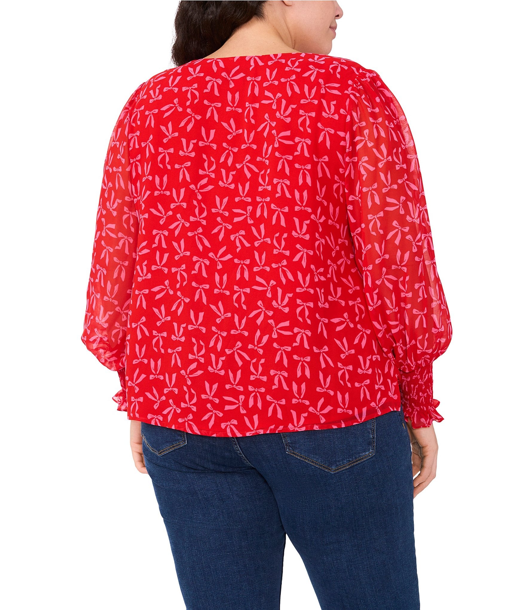 CeCe Plus Size Gauze Chiffon Bow Print V-Neck Long Sleeve Smocked Ruffle Cuff Blouse