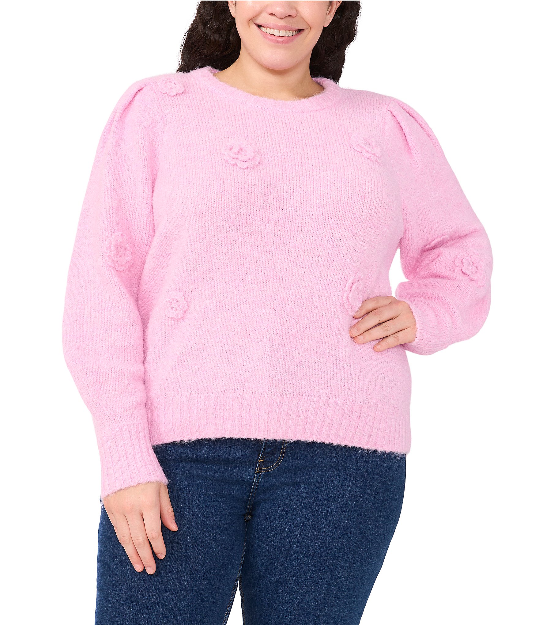 CeCe Plus Size Knit Crew Neck Long Sleeve 3D Flower Sweater | Dillard's