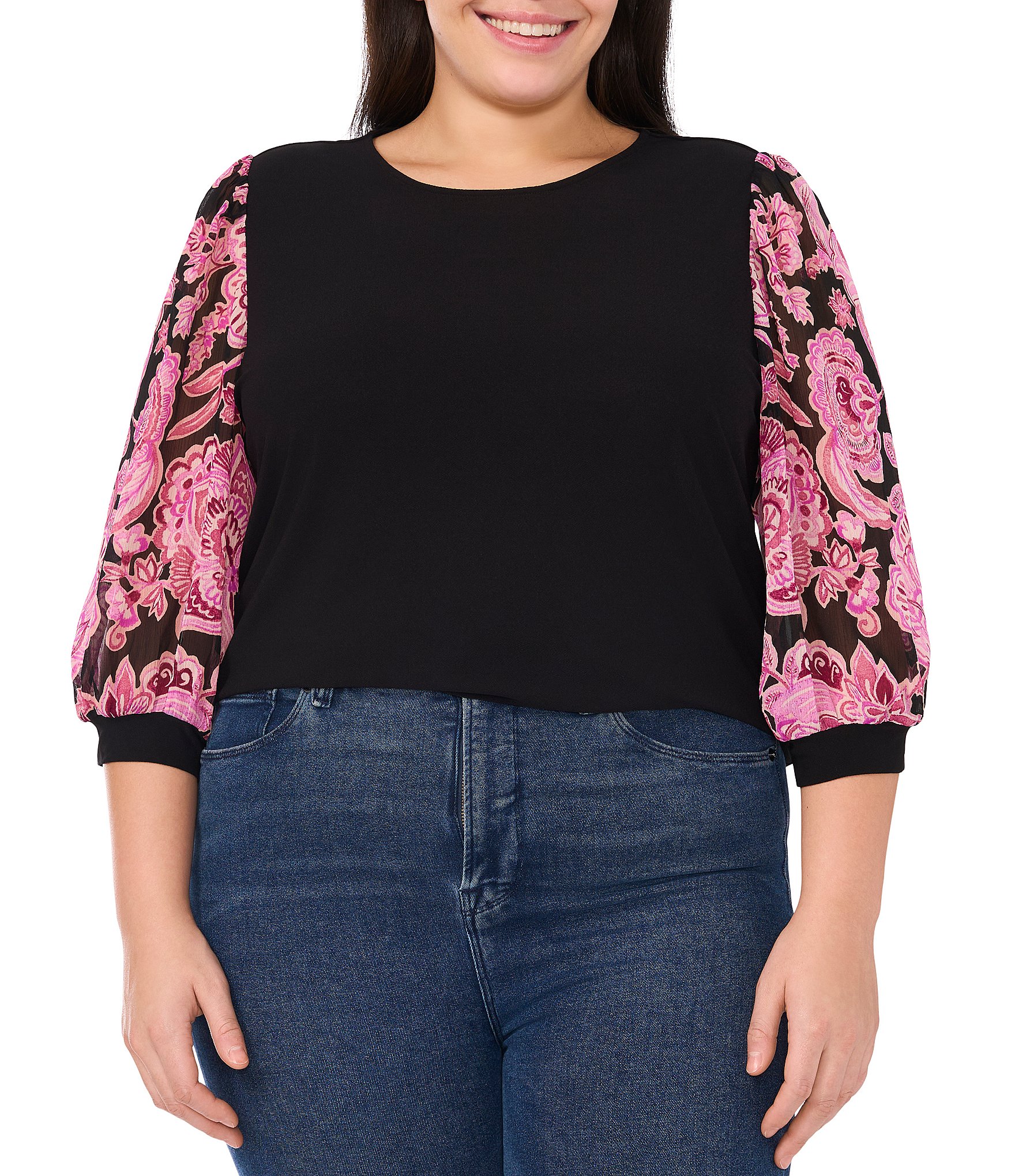 CeCe Plus Size Mixed Media Crew Neck 3/4 Sleeve Top