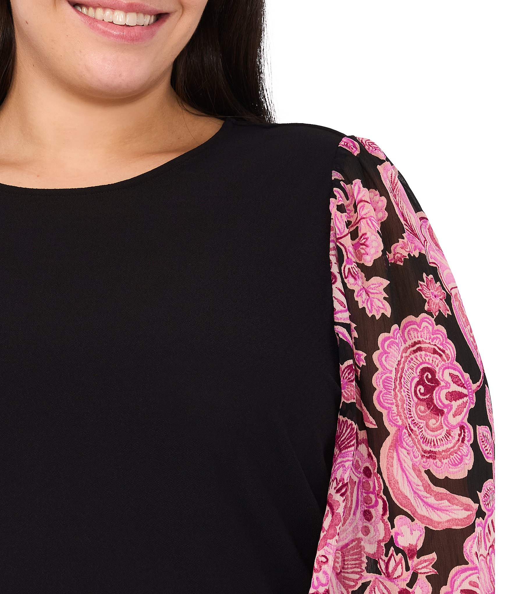 CeCe Plus Size Mixed Media Crew Neck 3/4 Sleeve Top