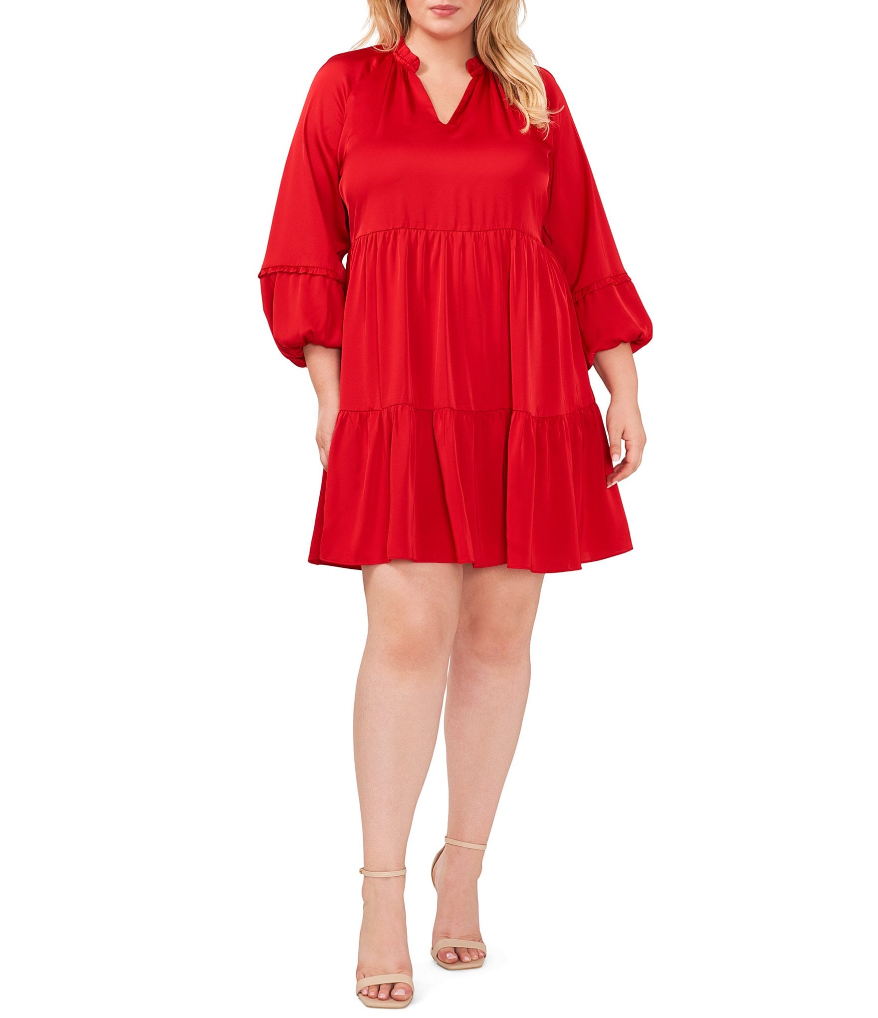 CeCe Plus Size Satin Babydoll V-Neck Long Sleeve Tiered Dress | Dillard's