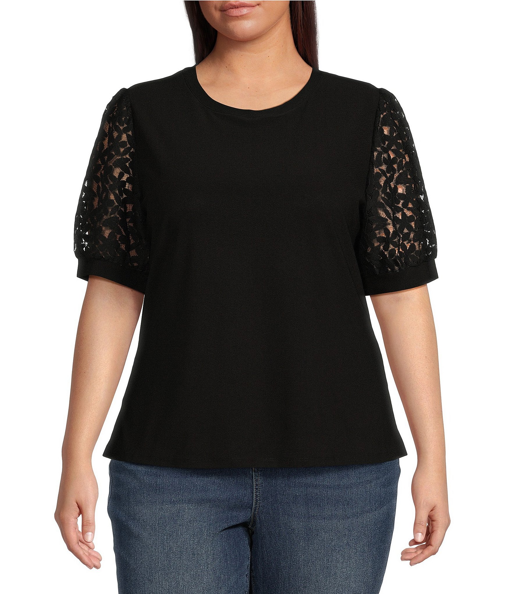 CeCe Plus Size Short Lace Puff Sleeve Crew Neck Blouse | Dillard's