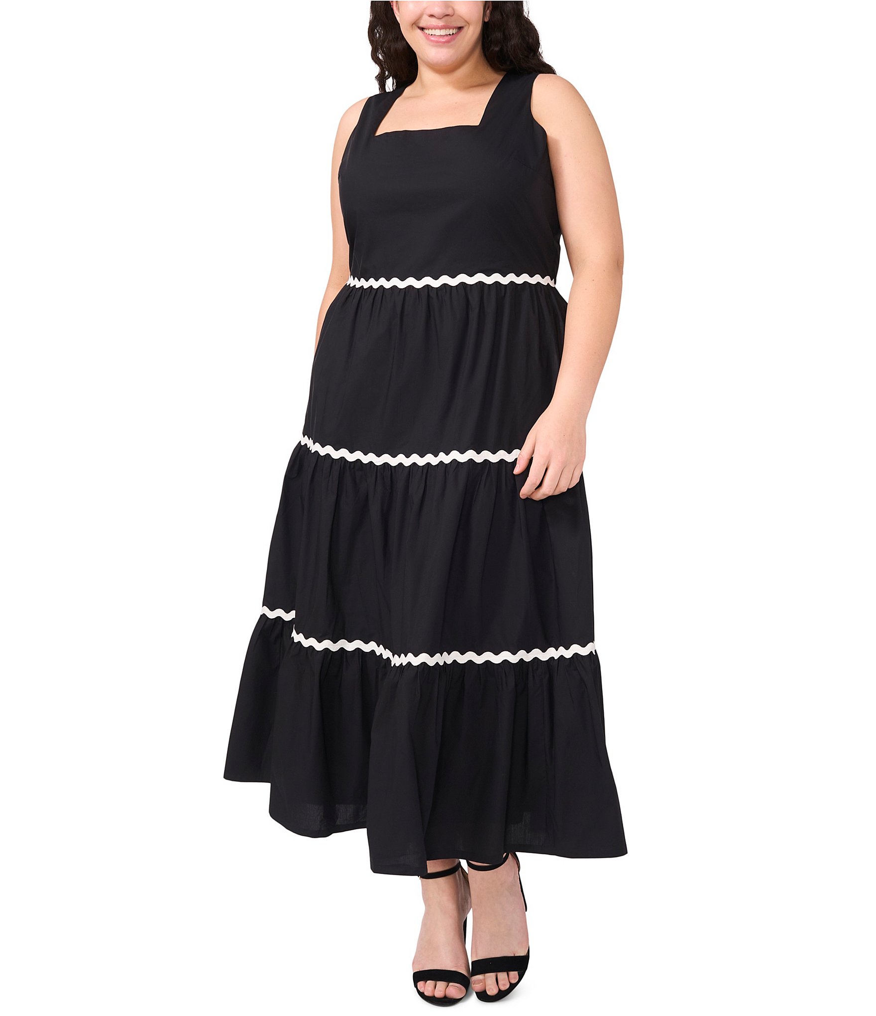 CeCe Plus Size Square Neckline Sleeveless Scallop Trim Tiered Maxi Dress