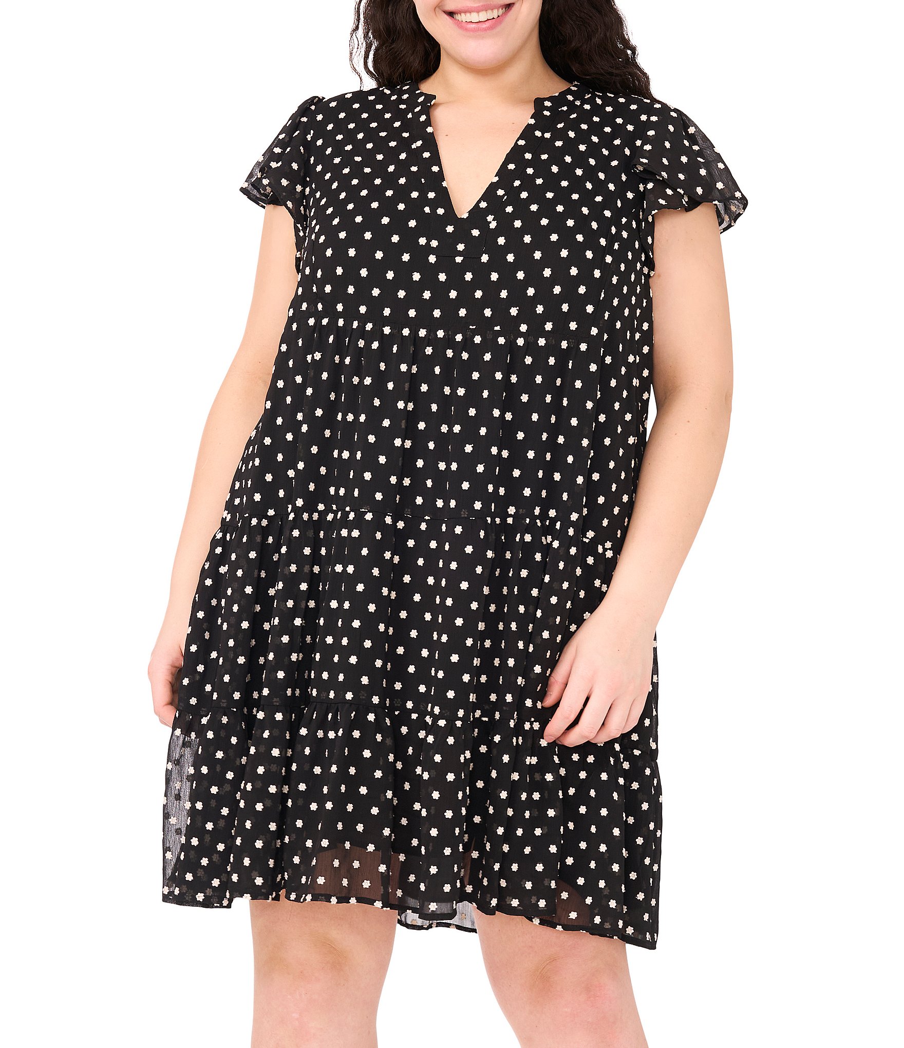 CeCe Plus Size Woven Floral Print Split Round Neckline Short Flutter Sleeve Tiered Dress