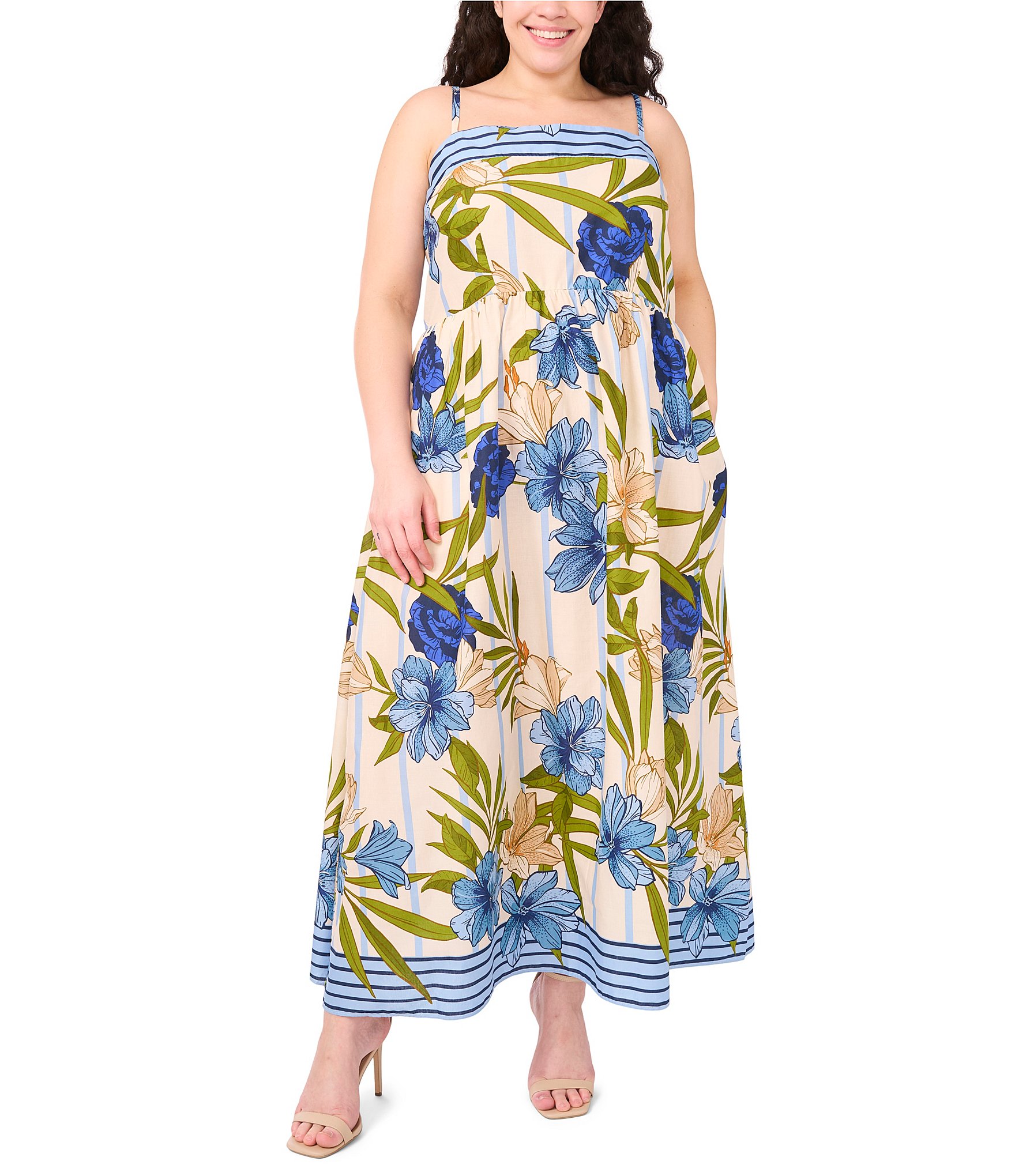 CeCe Plus Size Woven Floral Printed Square Neck Sleeveless Midi Dress
