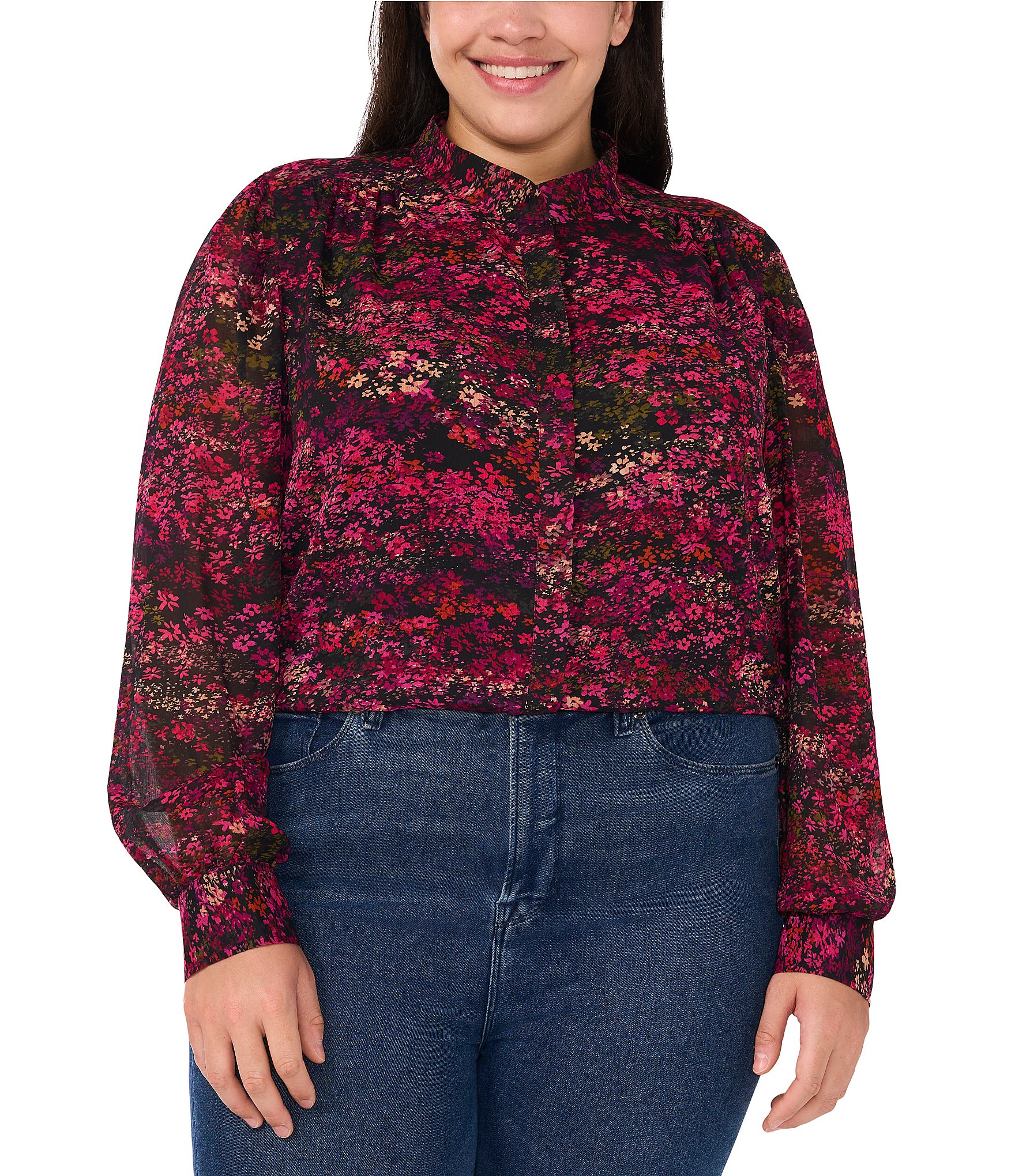 CeCe Plus Size Woven Yoryu Ditsy Floral Print Split V-Neck