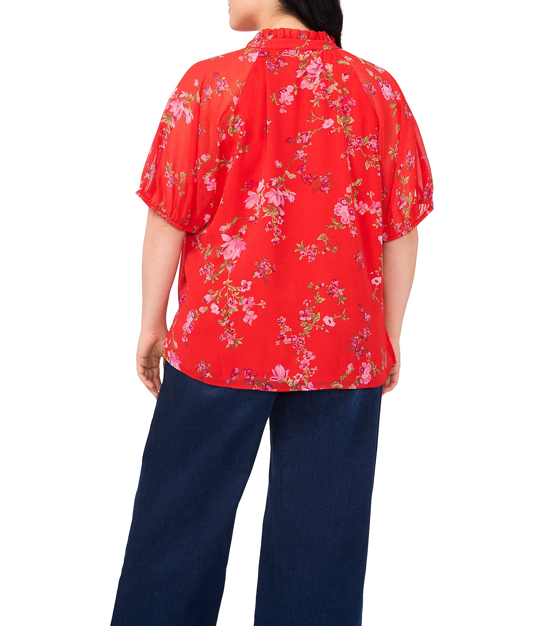 CeCe Plus Woven Floral Print V-Neck Short Sleeve Blouse
