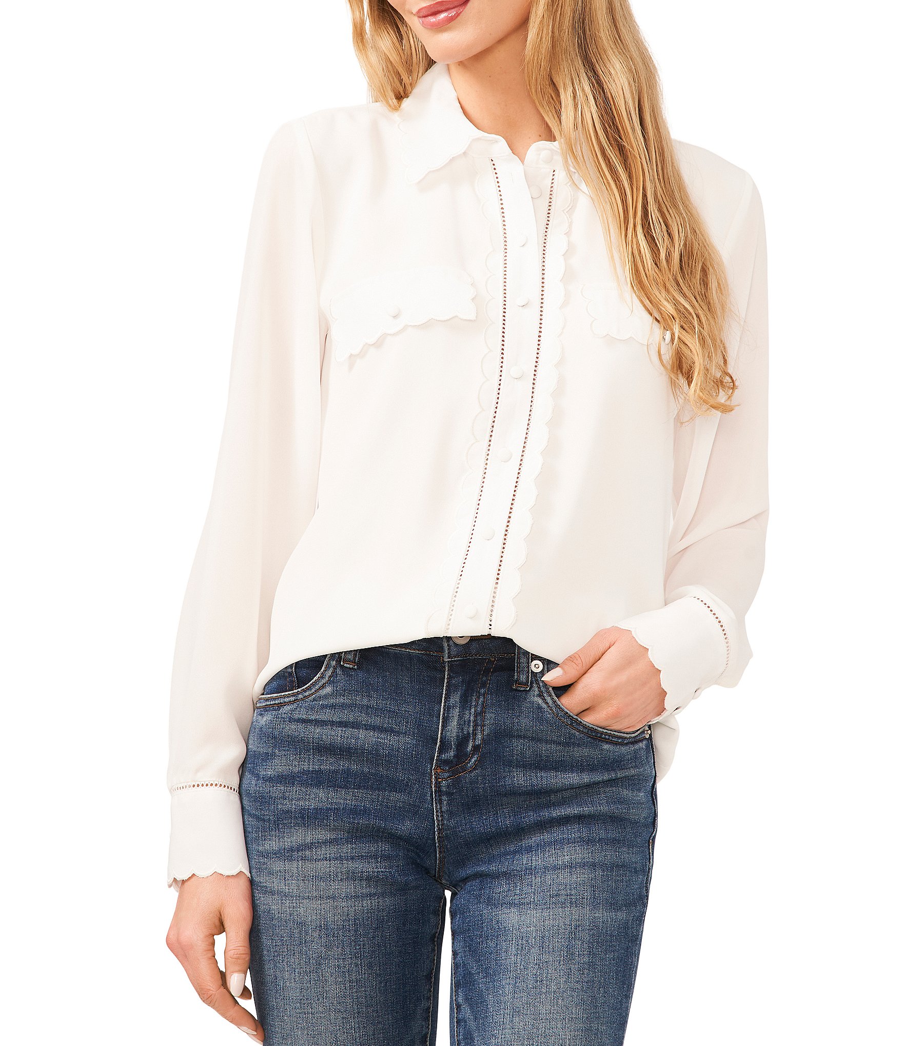 CeCe Point Collar Long Sleeve Scallop Trim Button Front Shirt | Dillard's