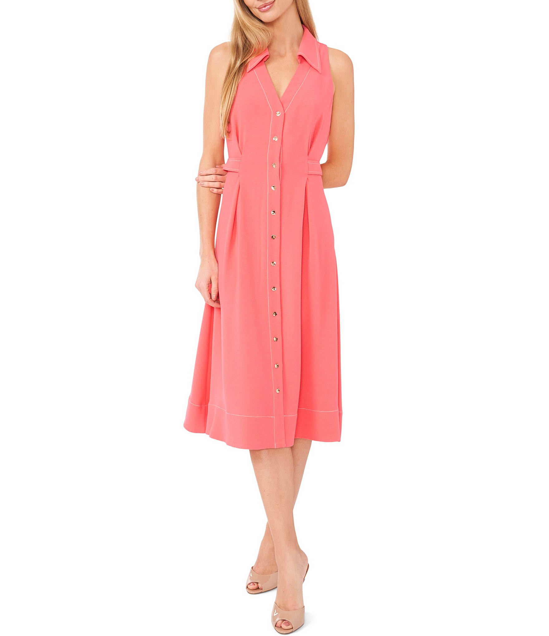 CeCe Point Collar Sleeveless Button Front Crepe Midi Shirt Dress ...