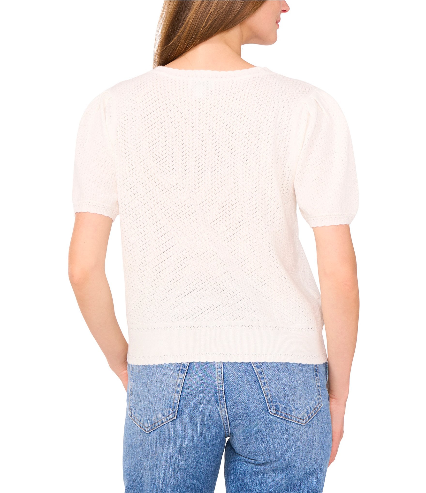 CeCe Pointelle Knit V-Neck Short Puff Sleeve Cardigan
