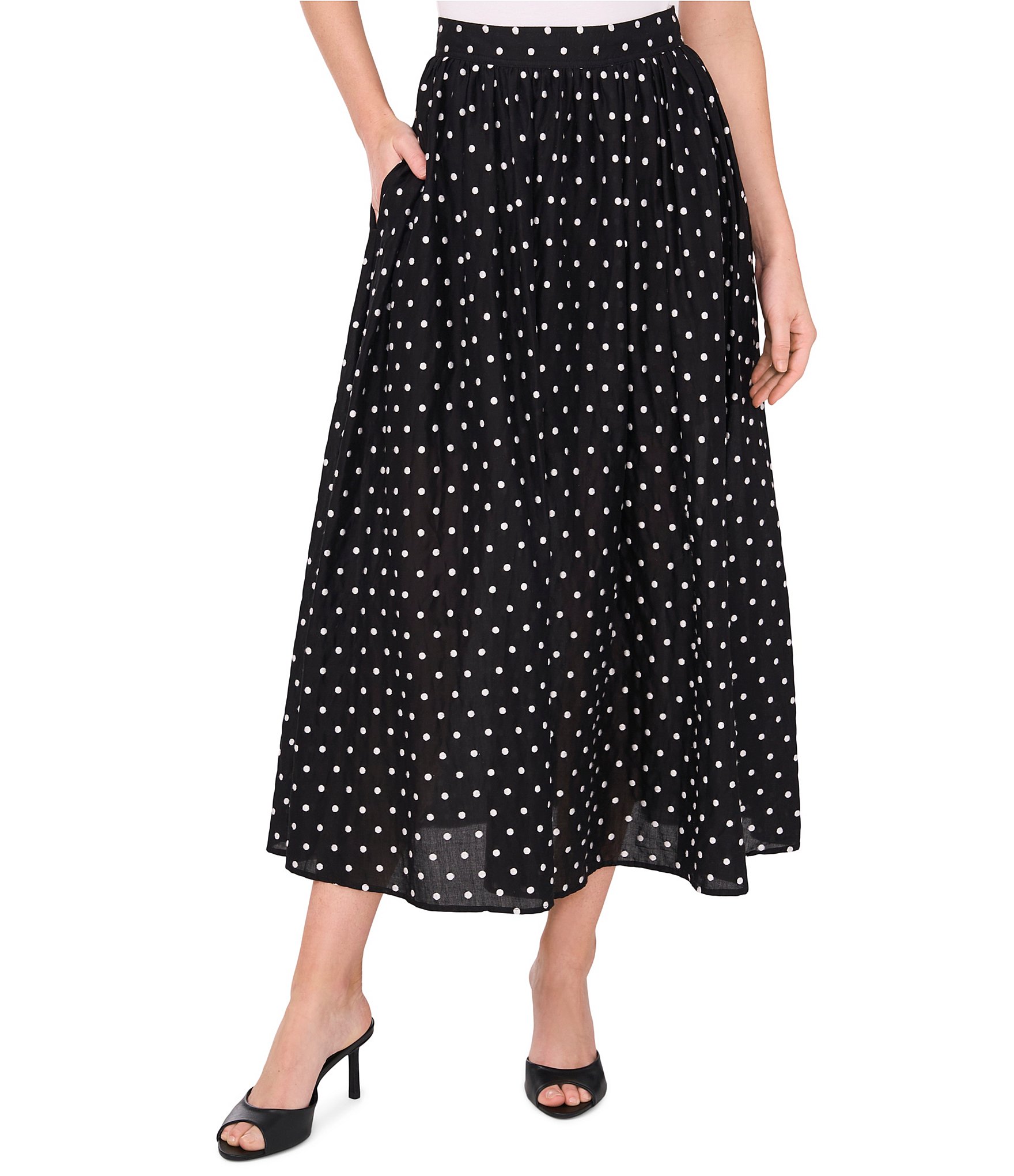 CeCe Polka Dot Gathered High Waist Midi A-Line Skirt | Dillard's