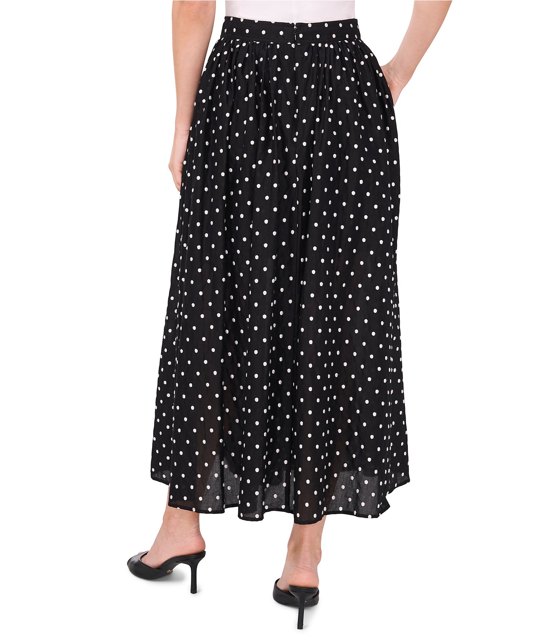 CeCe Polka Dot Gathered High Waist Midi A-Line Skirt