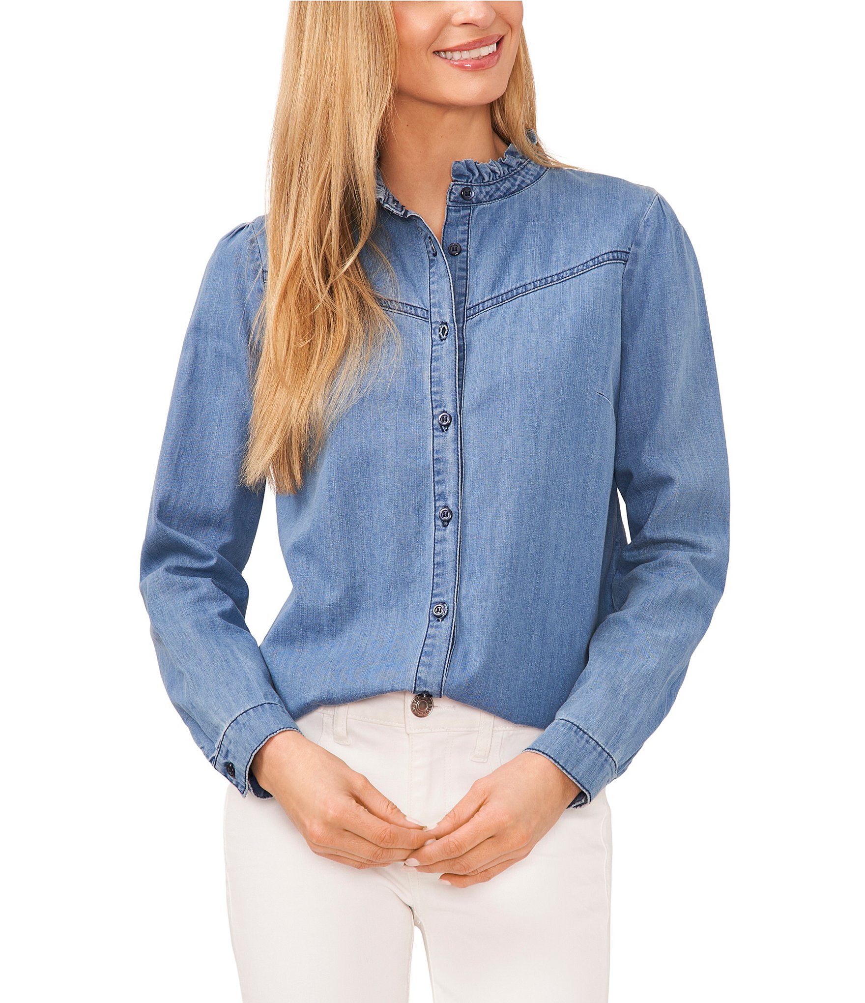 Mandarin Collar Half Button Denim Shirt In LIGHT BLUE | ZAFUL 2024