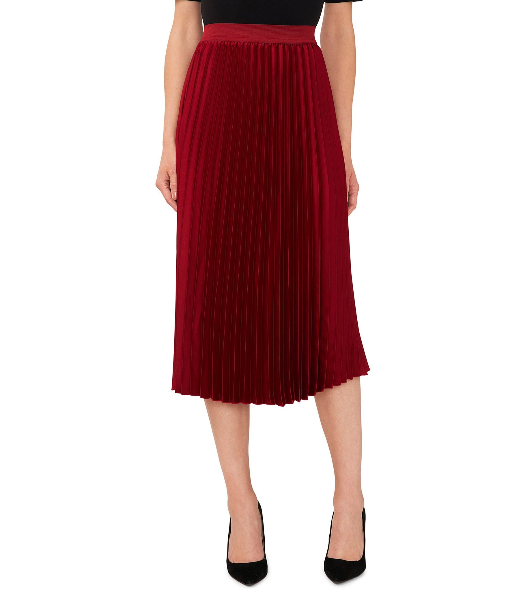 CeCe Satin Pleated A-Line Midi Skirt | Dillard's