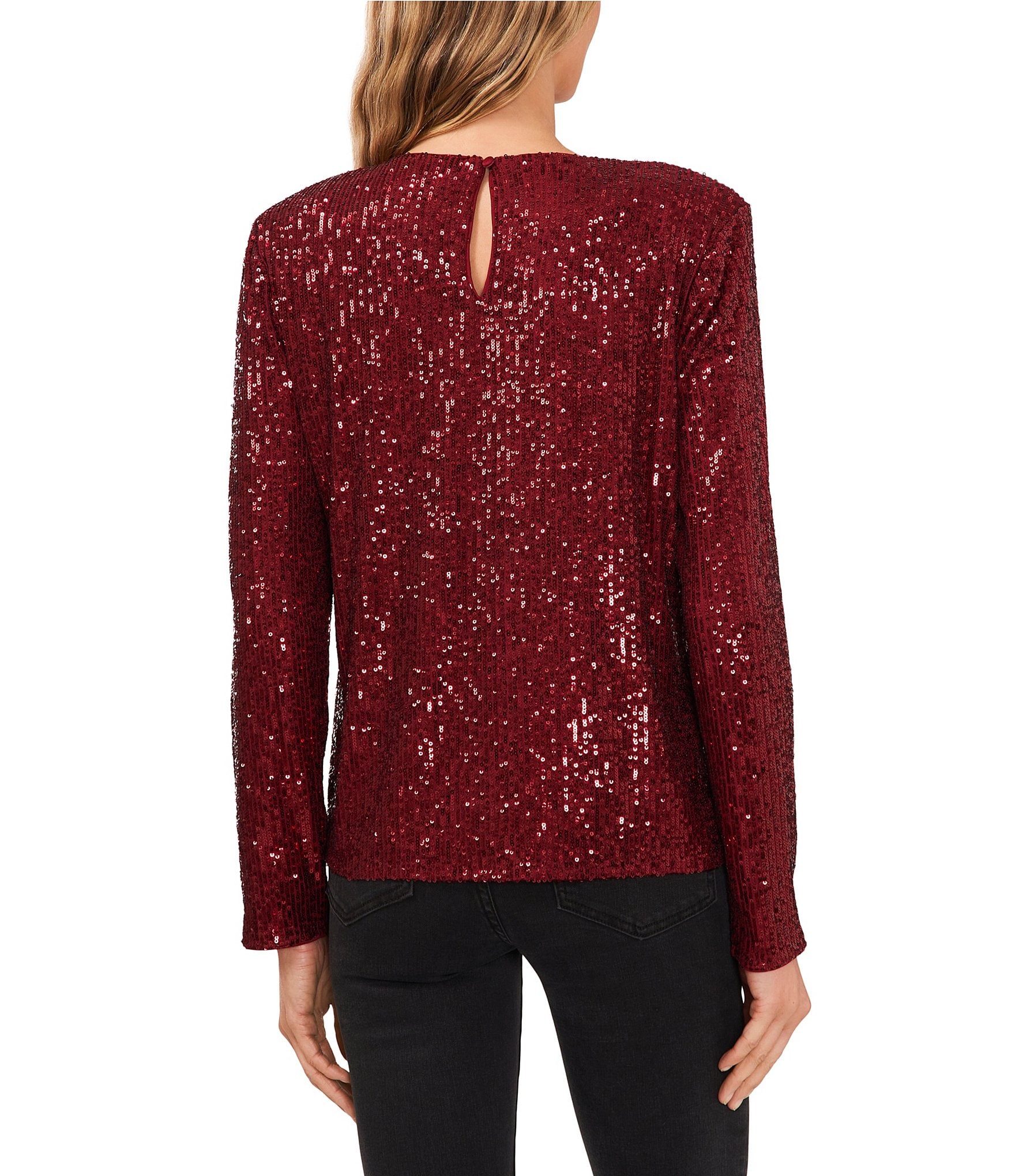 CeCe Sequin Round Neck Long Sleeve Blouse