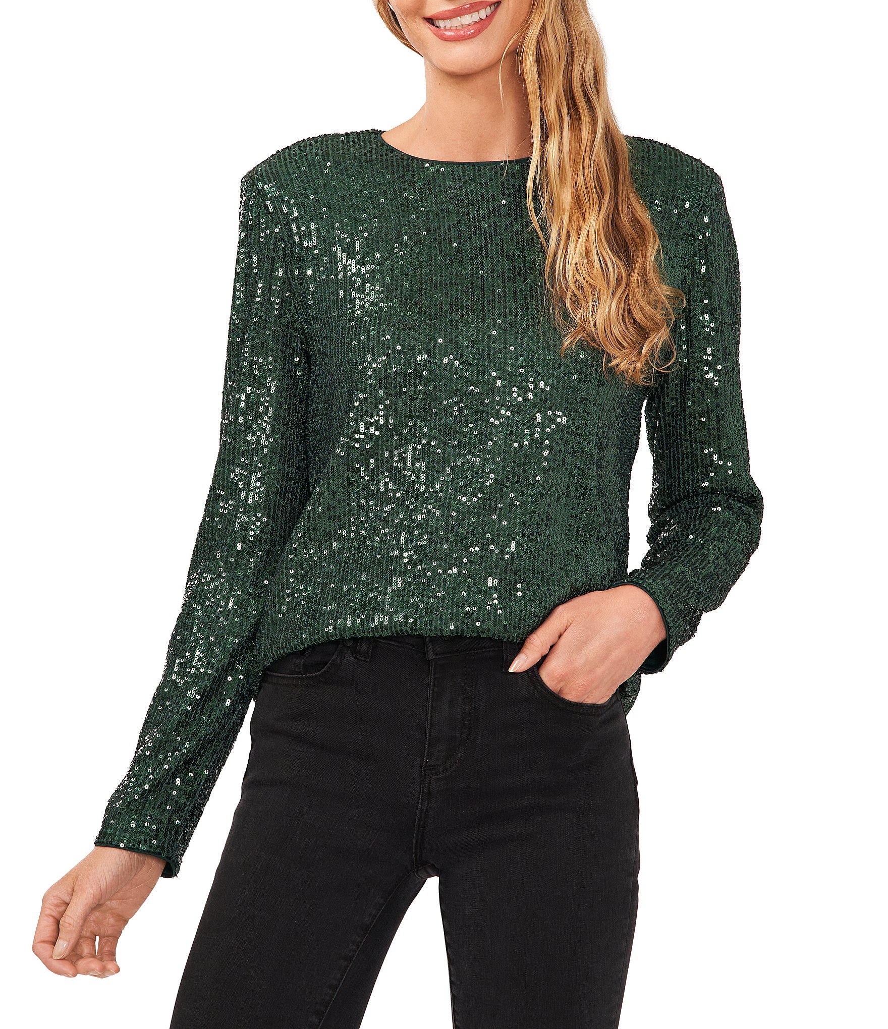 CeCe Sequin Round Neck Long Sleeve Blouse