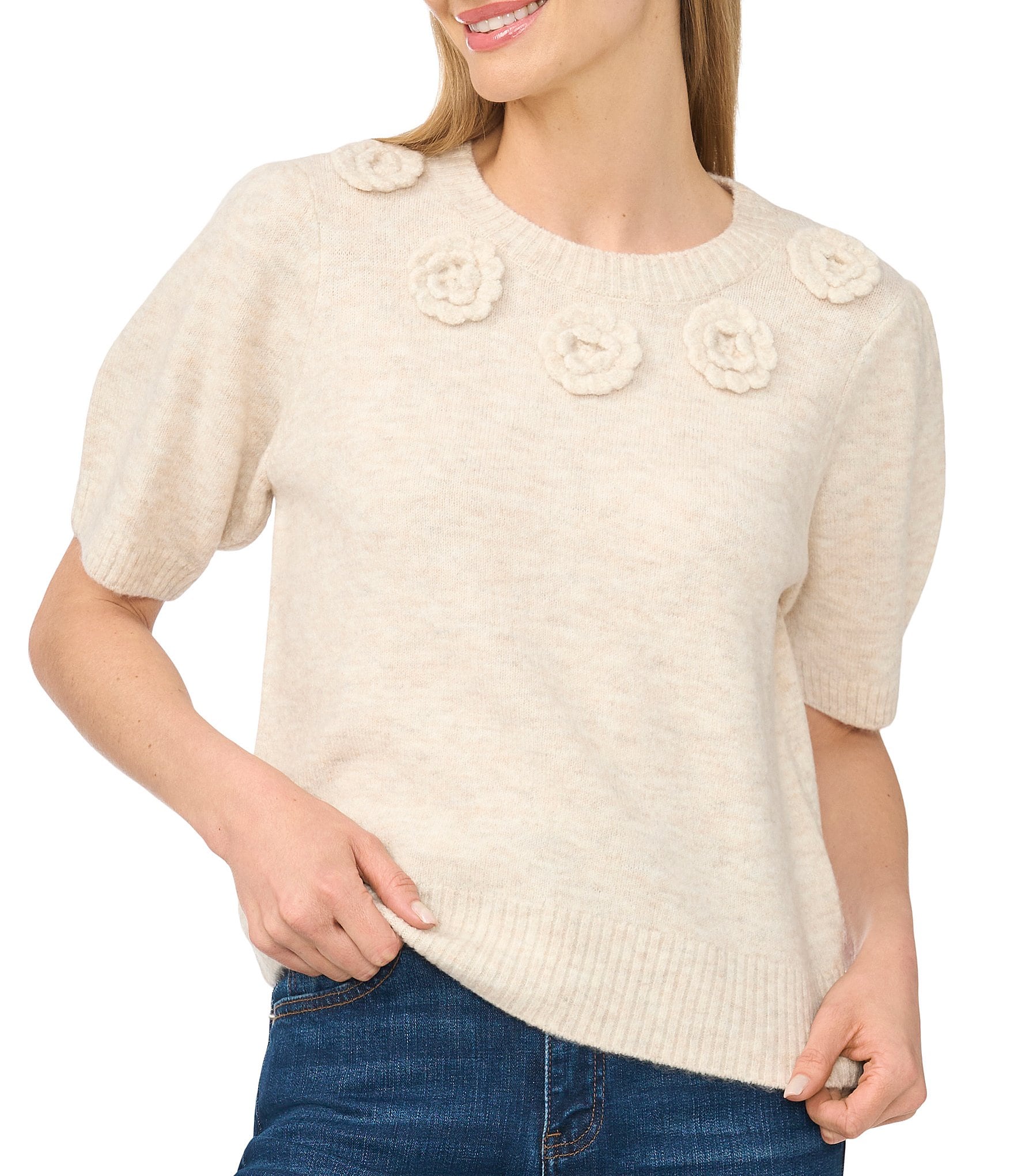 CeCe Short Sleeve Crew Neck 3D Flower Sweater