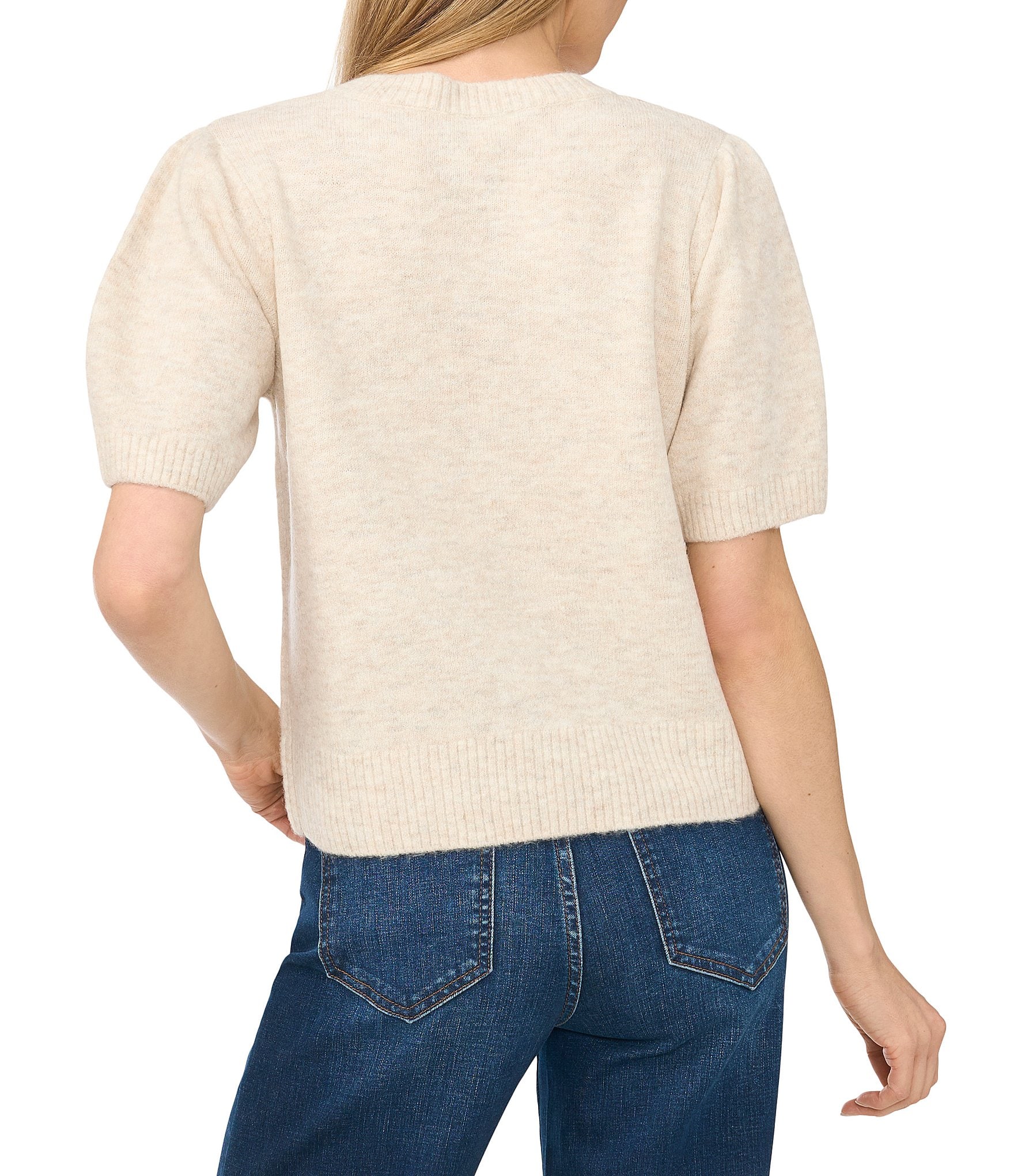 CeCe Short Sleeve Crew Neck 3D Flower Sweater