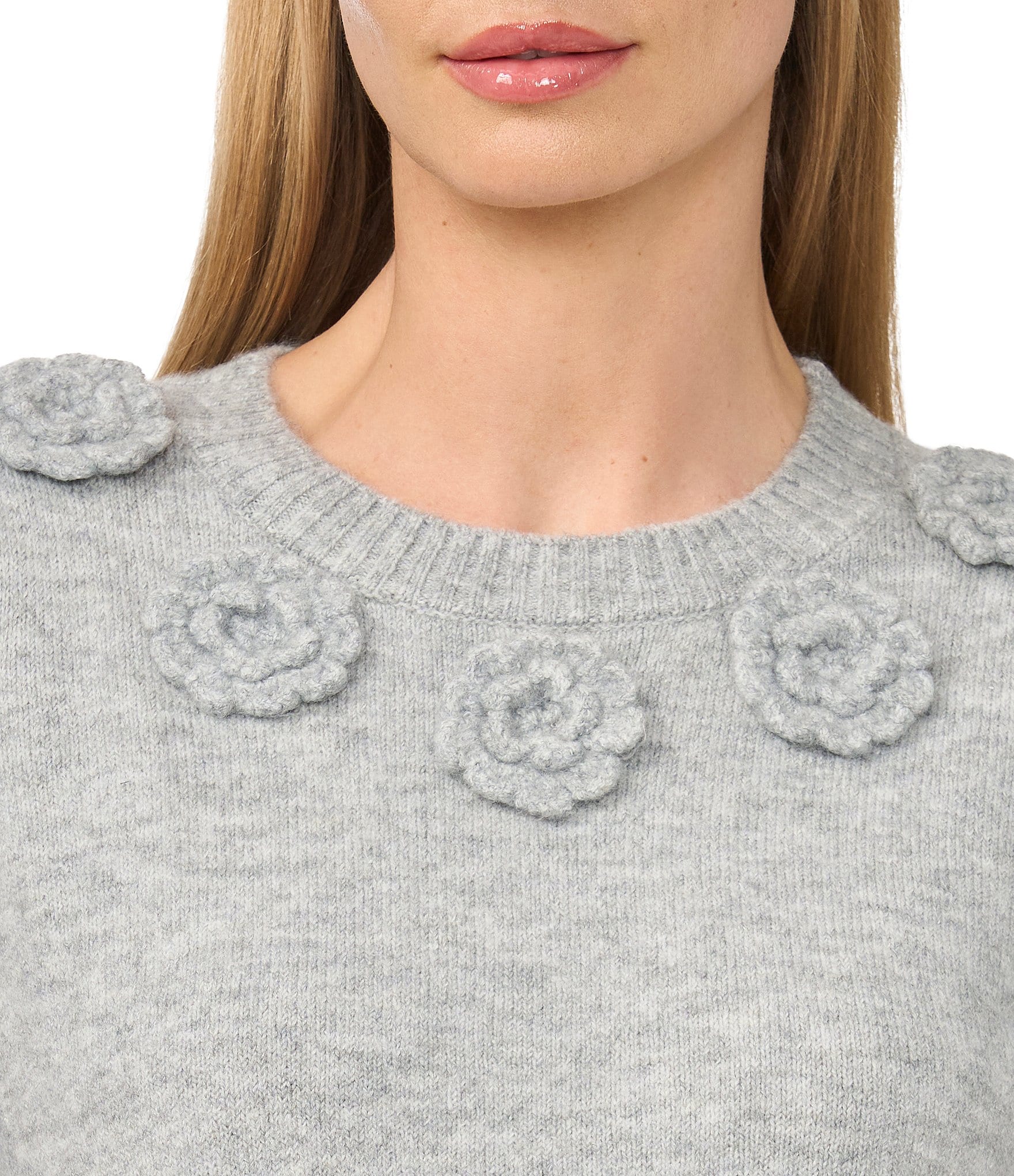 CeCe Short Sleeve Crew Neck 3D Flower Sweater