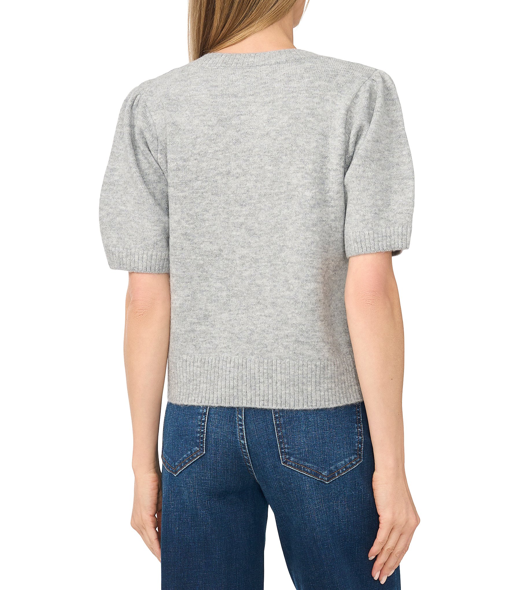 CeCe Short Sleeve Crew Neck 3D Flower Sweater