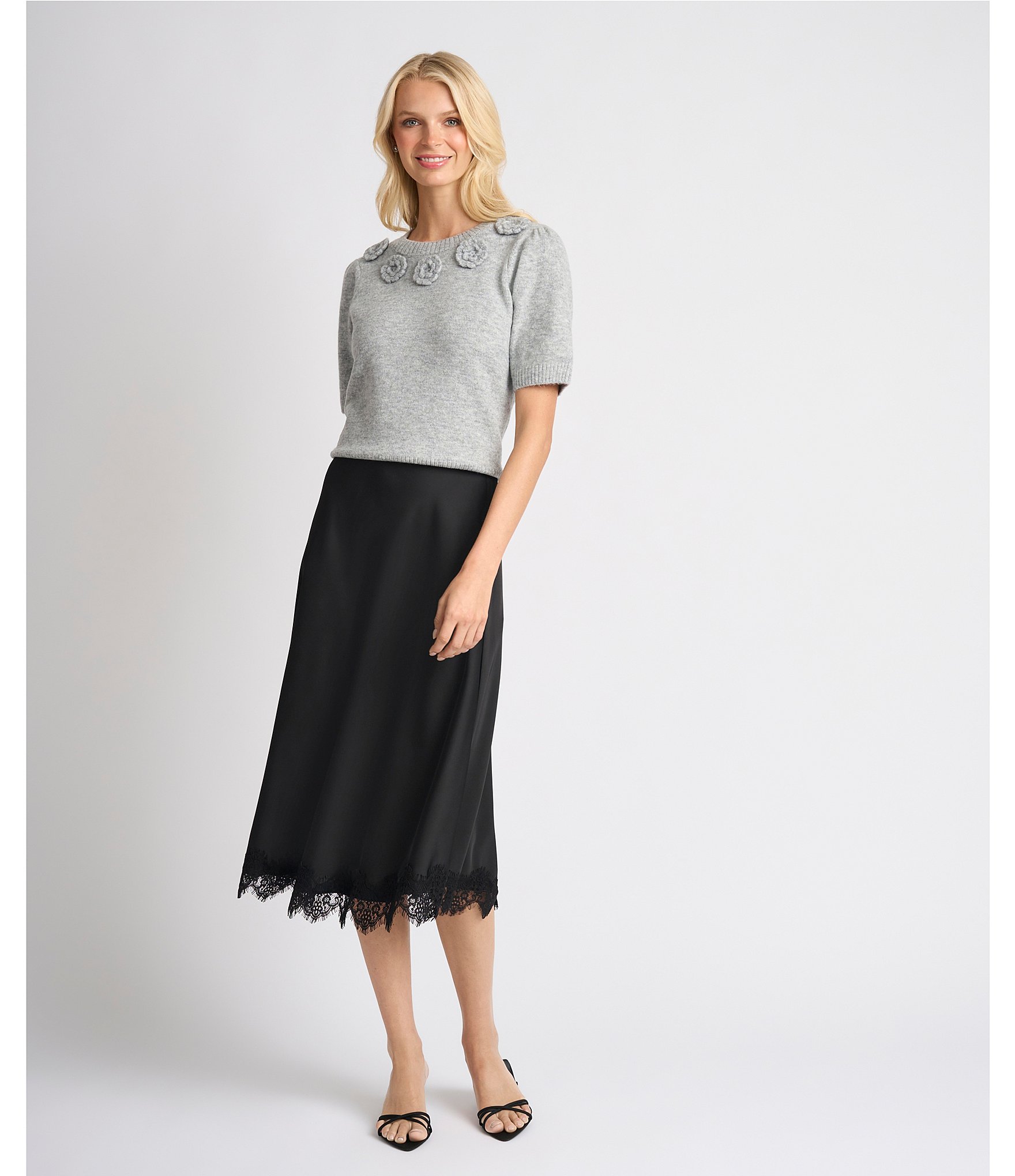 CeCe Short Sleeve Crew Neck 3D Flower Sweater