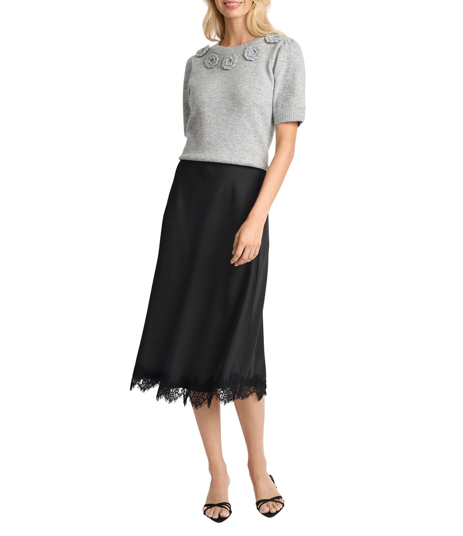 CeCe Short Sleeve Crew Neck 3D Flower Sweater