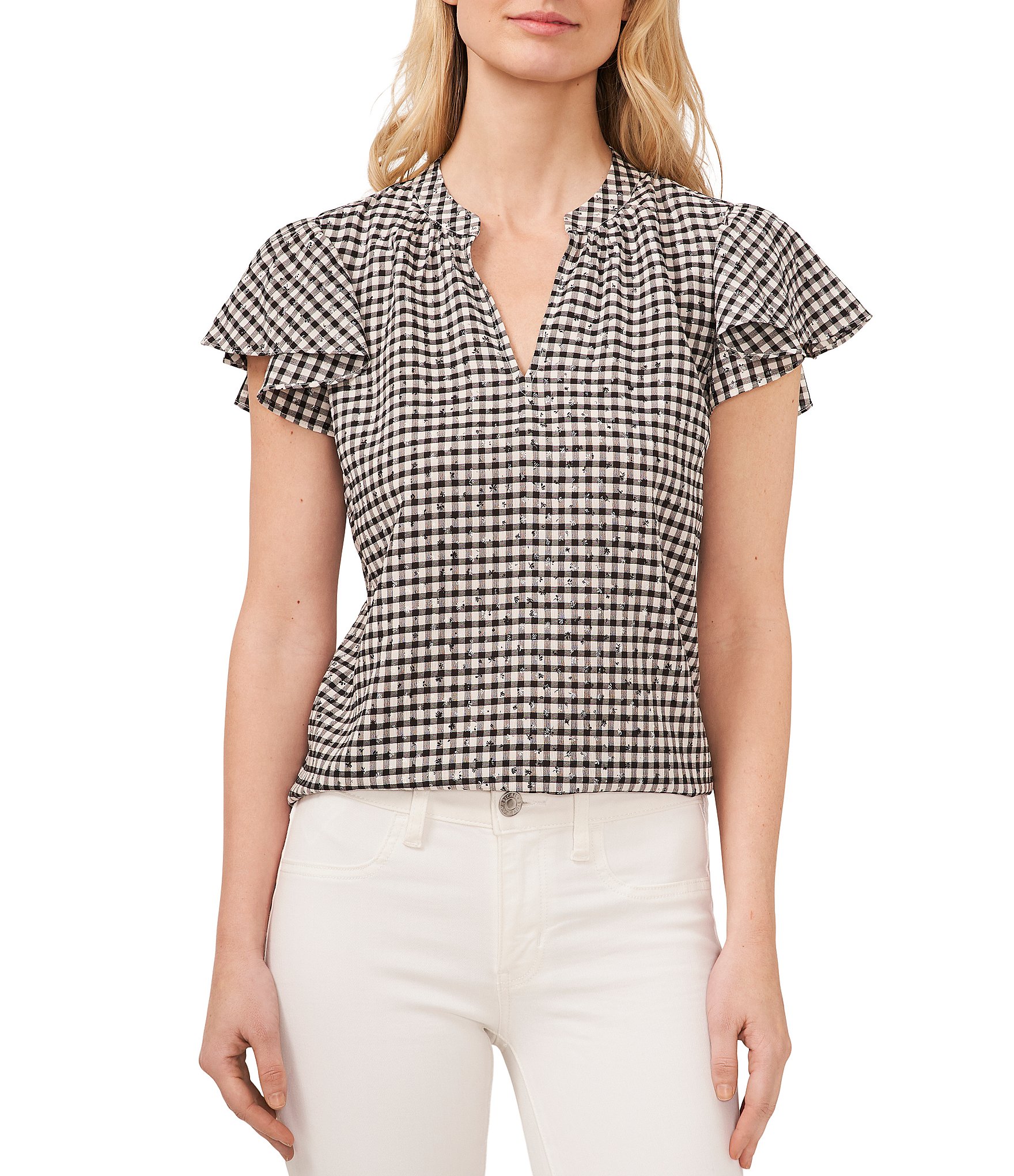 CeCe Short Sleeve Gingham V Neck Blouse | Dillard's