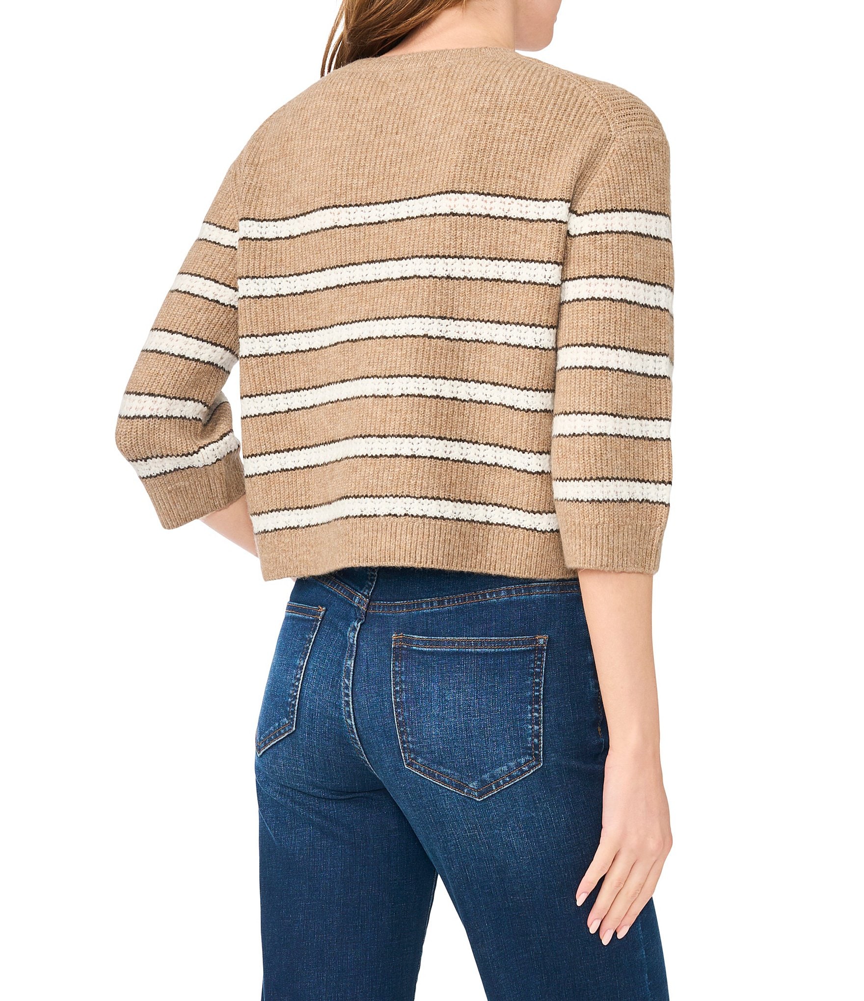 CeCe Short Sleeve Pointel Striped Sweater