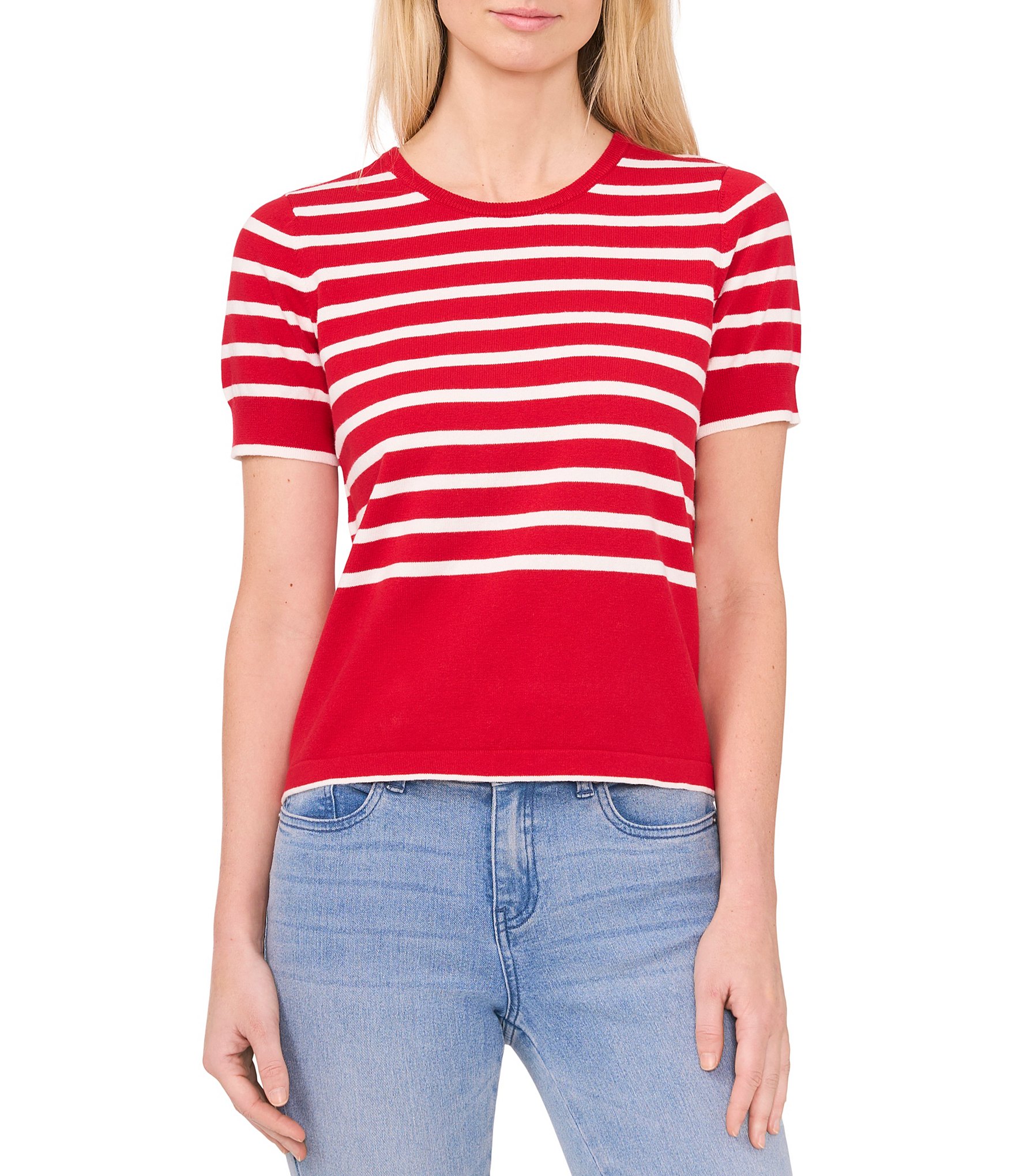 CeCe Short Sleeve Striped Crew Neck Sweater Top | Dillard's