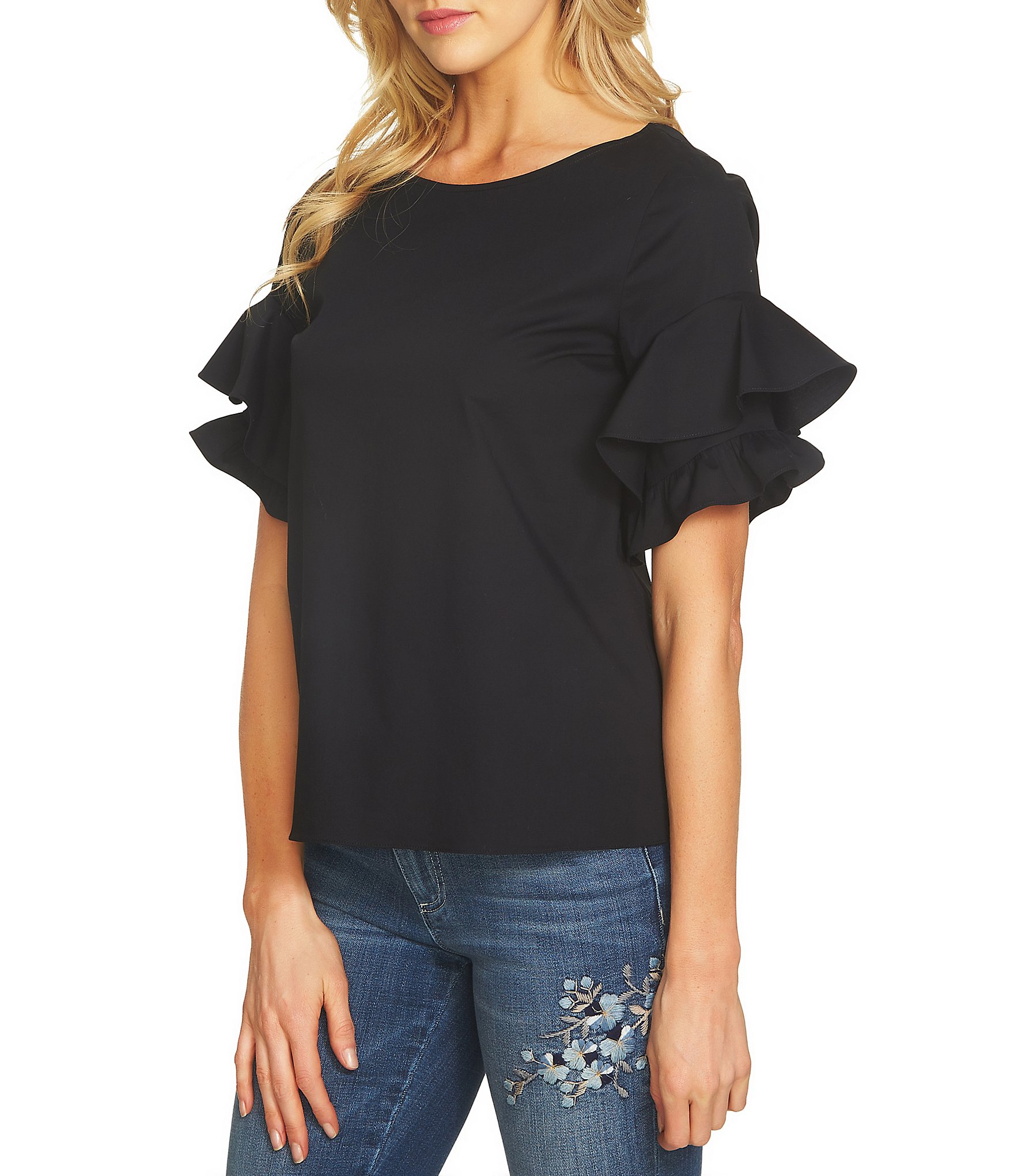 CeCe Tiered Ruffle Sleeve Poplin Top | Dillards