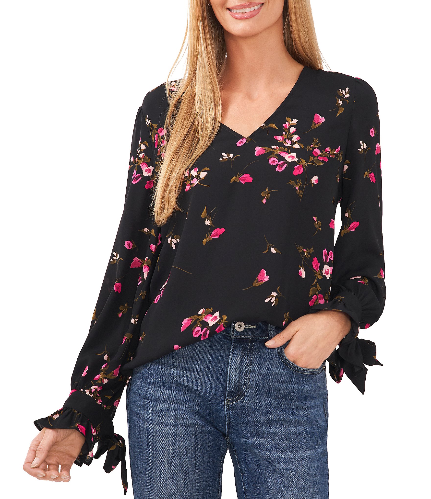 CeCe V-Neck Cuffed Long Tie Sleeve Floral Blouse | Dillards