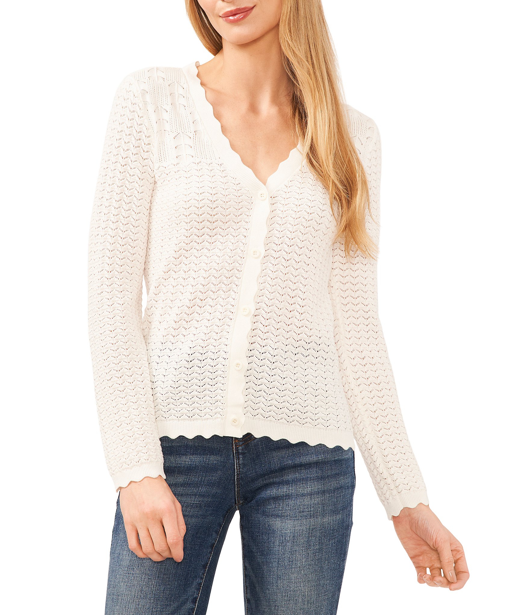 CeCe V-Neck Long Sleeve Button Front Scalloped Trim Pointelle Cardigan  Sweater | Dillard's