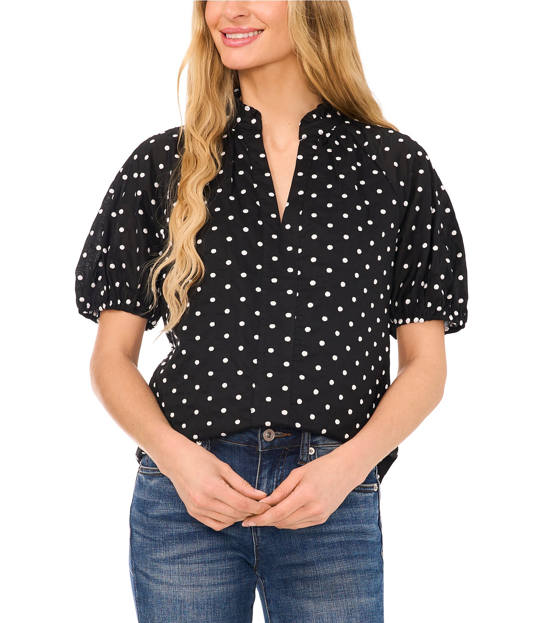 CeCe V Neck Short Puffed Sleeve Polka Dot Blouse