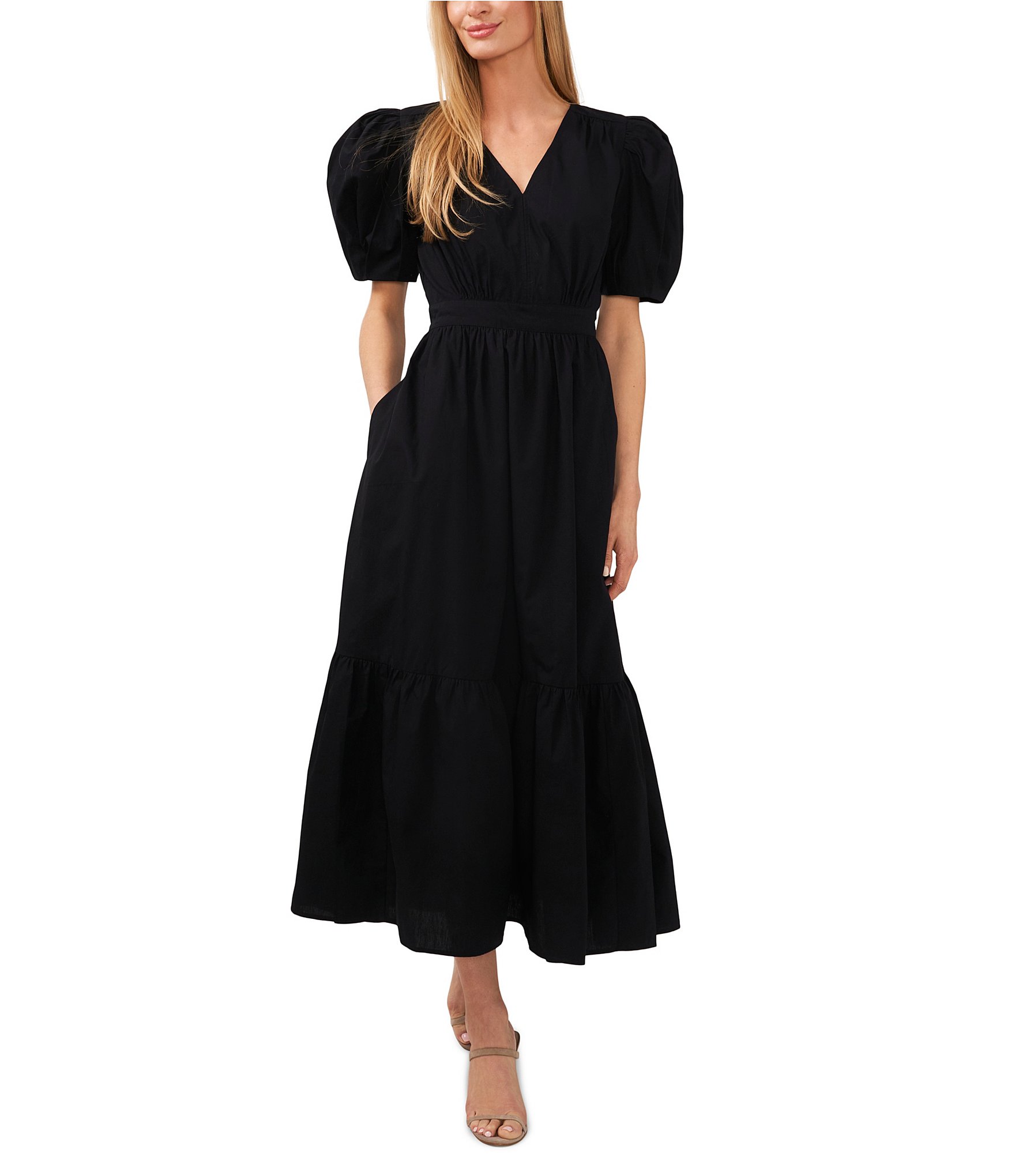 Lucky Brand Short Puff Sleeve V-neck Tiered Tie Back Maxi Dress