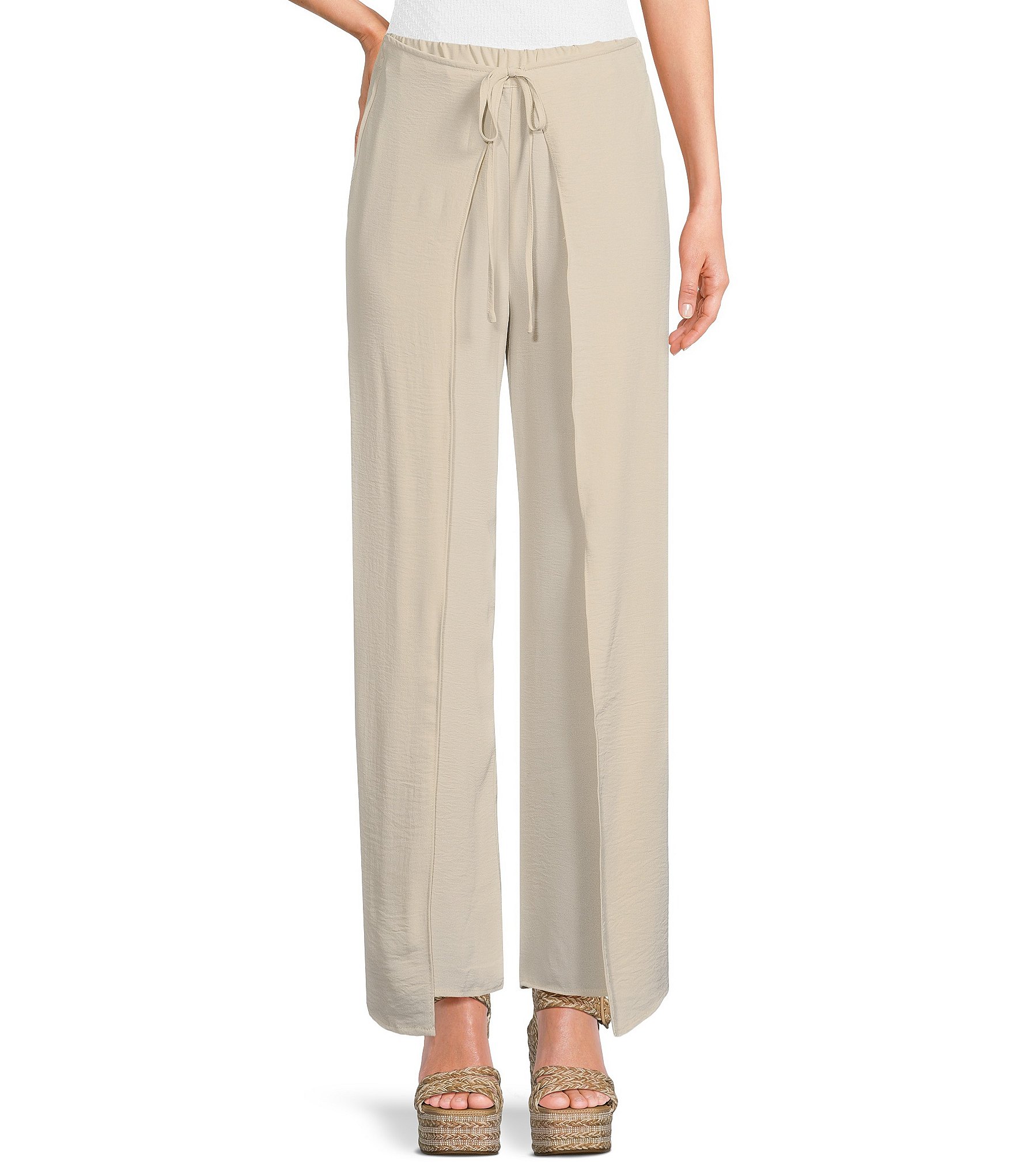 CeCe Wide Leg Pleated Front Asymmetrical Hem Crinkle Twill Pants