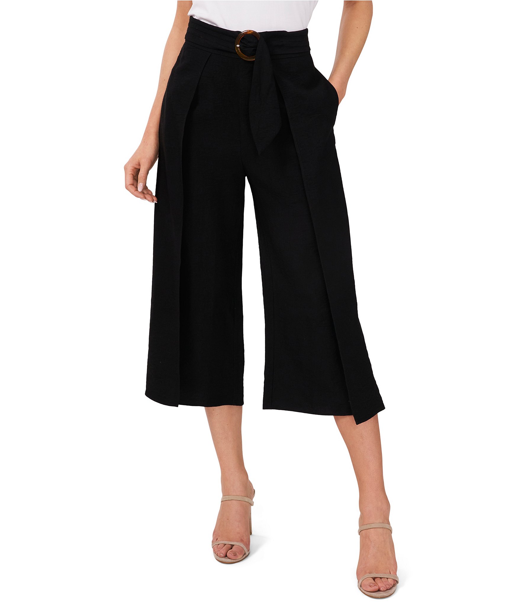 CeCe Wide Leg Ring Belt Capri Gaucho Pants | Dillard's